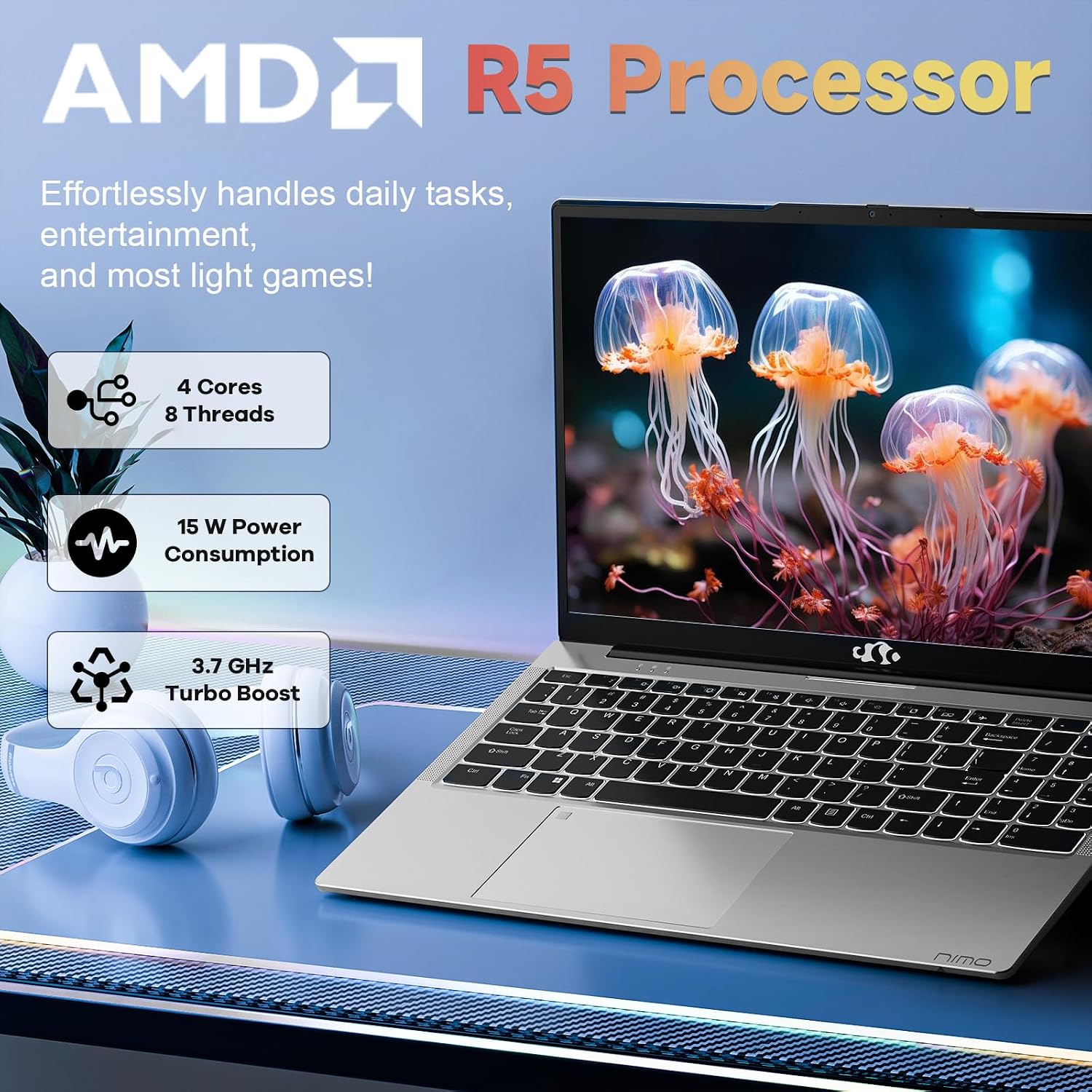 NIMO 15.6 Student-Laptop, AMD Ryzen 5 (Beat i5-1135G7), 8GB RAM 256GB SSD, Radeon Vega 8 GPU, Backlit KB, Type-C PD 65W, Fingerprint Unlock, USB3, 2.0MP Camera, Win 11 Notebook for Business Study Work