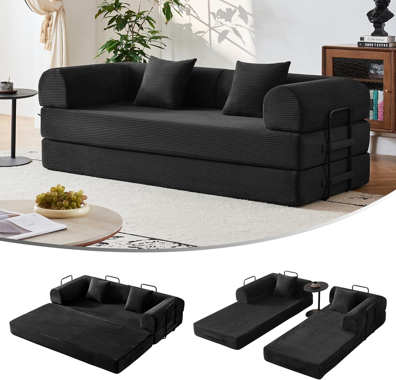 5-in-1 Convertible Sofa Bed No Assembly, 79' Fixed Steel Frame Sleeper with High-Resilience Foam, Corduroy Modular Couch Foldable for Small Space, Apartment, Studio (Black)