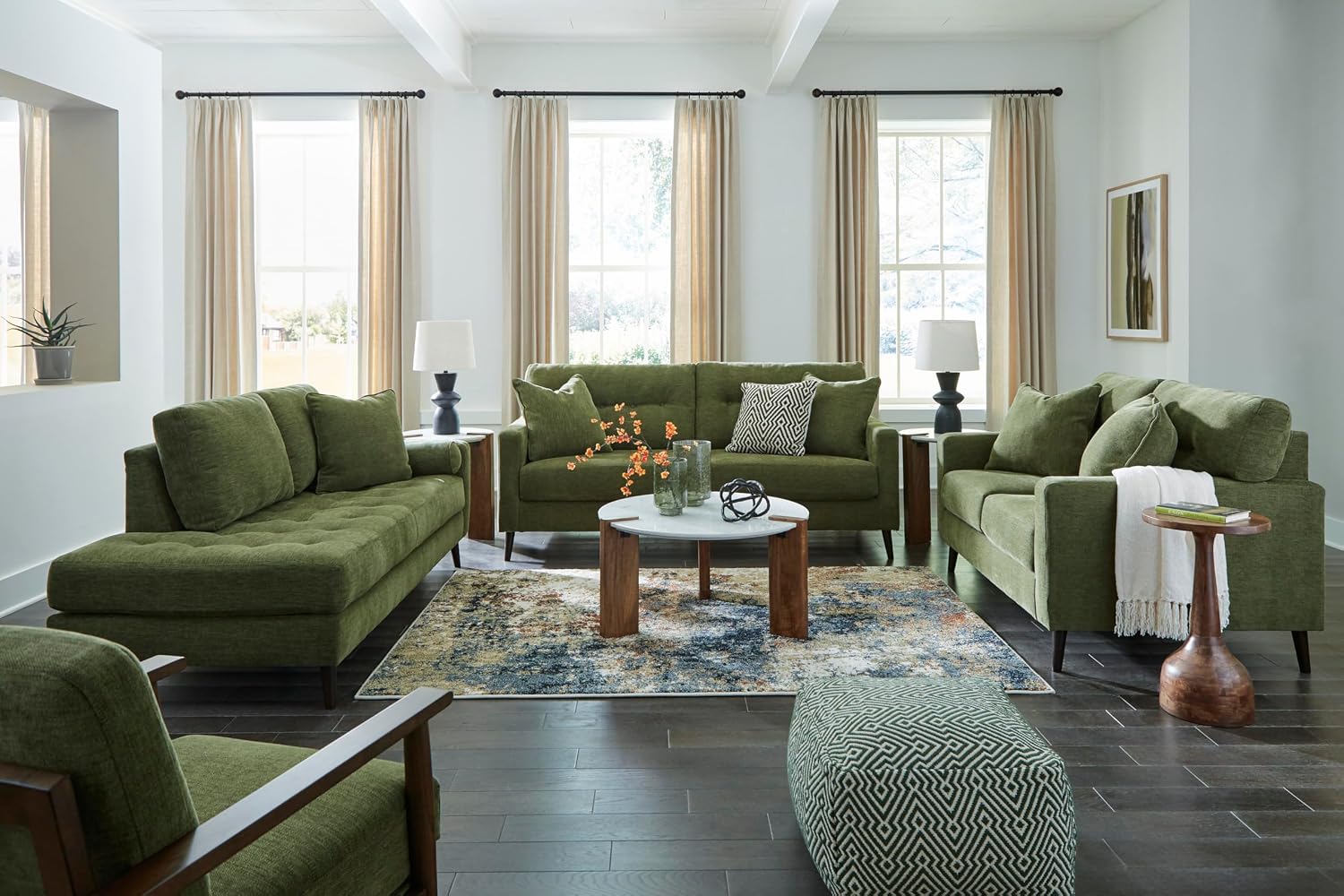 Signature Design by Ashley Bixler Sofa, Mid-Century Modern Sofa with Button-Tufted Back, Durable Foam Cushions, Platform Foundation Support, Polyester Blend Upholstery, Olive