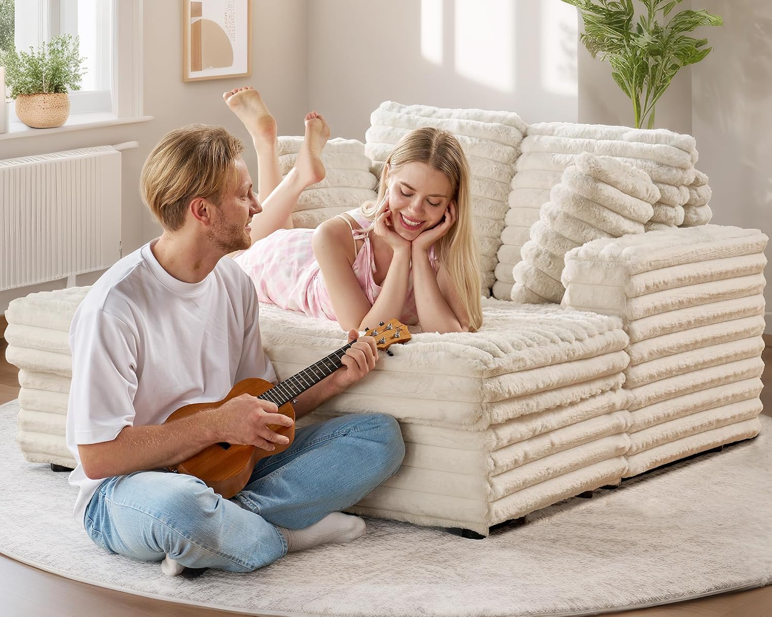VanAcc 58 Inch Chaise Lounge Indoor, Plush Sleeper Chair with Throw Pillows, Upholstered Sofa Bed with Armrests, Plush Chair Bed for Living Room(Creamy White)