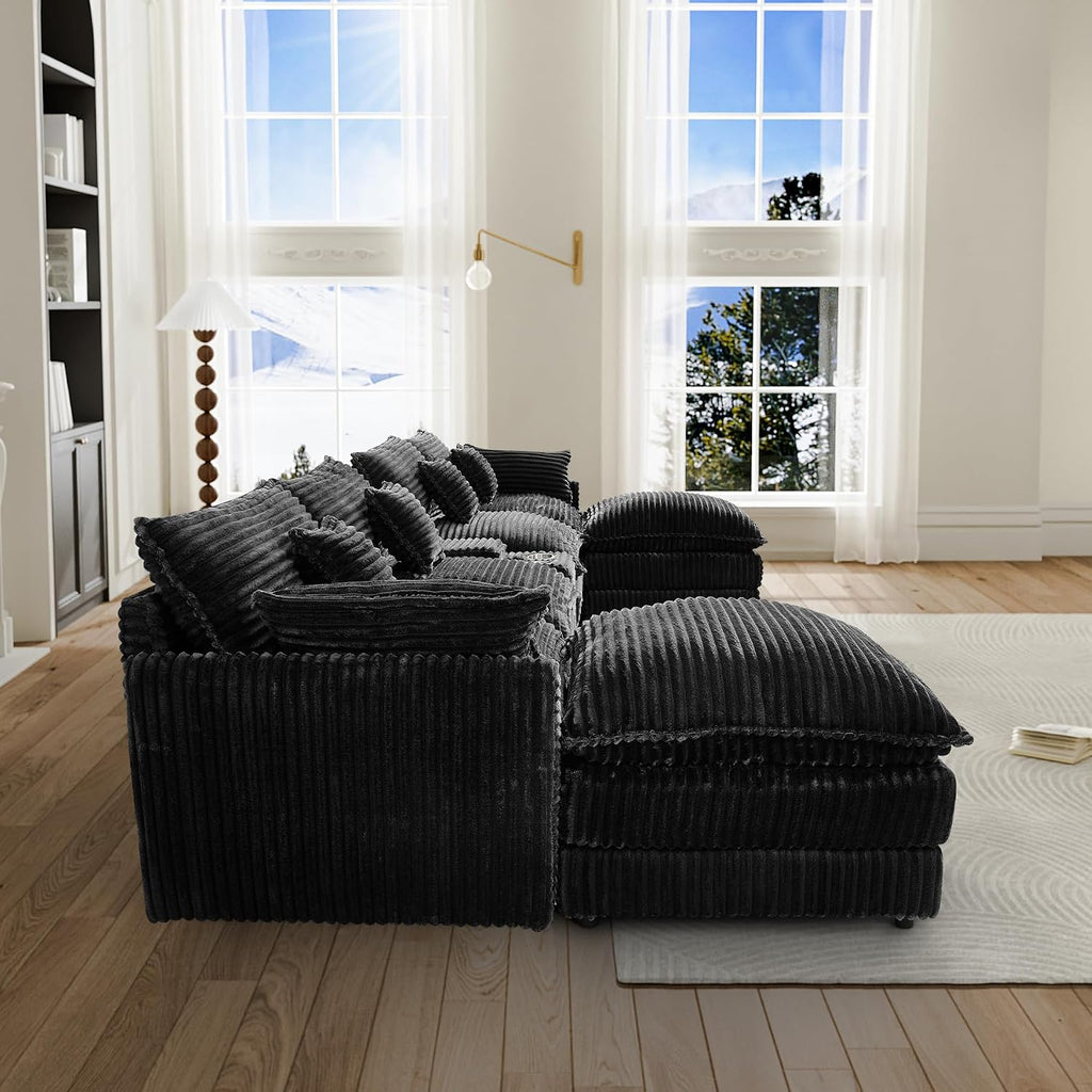 HYJT-H&K 145' U Shaped Cloud Couch Modular Dark Black Sectional Couches for Living Room, Comfy Fluffy Corduroy Oversized Cloud Sectional Couch Large 6 Seat Sectionals Sofa Set Central Console USB Port