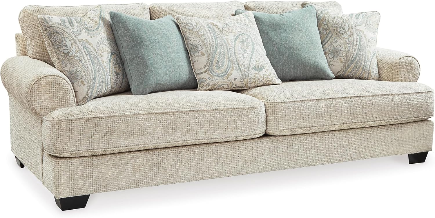 Signature Design by Ashley Monaghan Vintage Sofa with Accent Pillows, Reversible Cushions and Rolled Arms, Beige