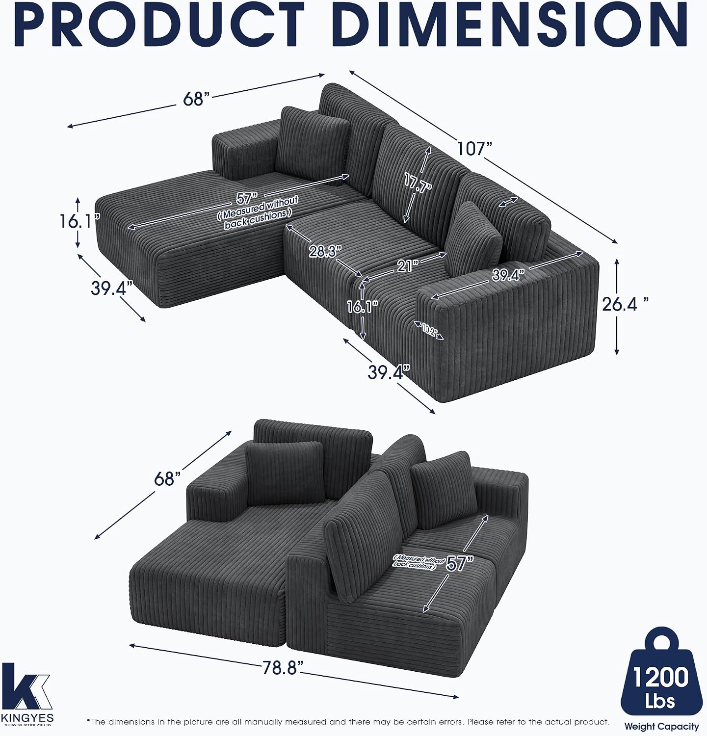 KINGYES 107'' Modular Sectional Sofa, L Shaped Cloud Couch for Living Room, Modern Plush Corduroy Boneless Sofa with Chaise for Bedroom, Gray