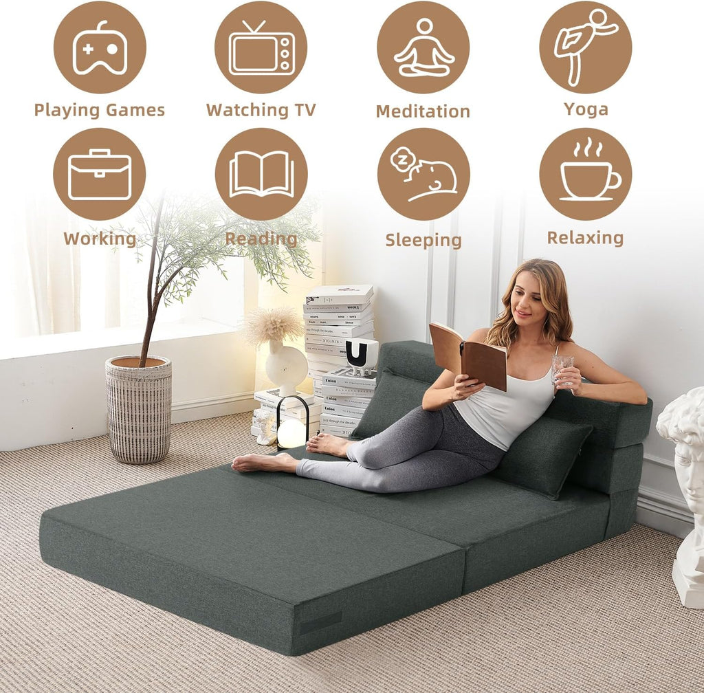 FILUXE Convertible Folding Sofa Bed - Sleeper Chair with Pillow, Modern Linen Fabric Floor & Futon Couch, Foldable Mattress for Living Room/Dorm/Guest Use/Home Office/Apartment, Queen Size, Dark Gray