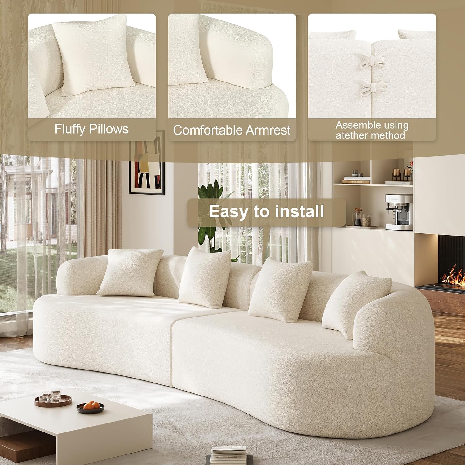 131' Oversized Sectional Sofa for Living Room, Modern Luxury Plush Chenille 4-Seater Extra Deep & Wide Seat Curved Cloud Couch with 4 Throw Pillows, No Assembly Needed, Cream White