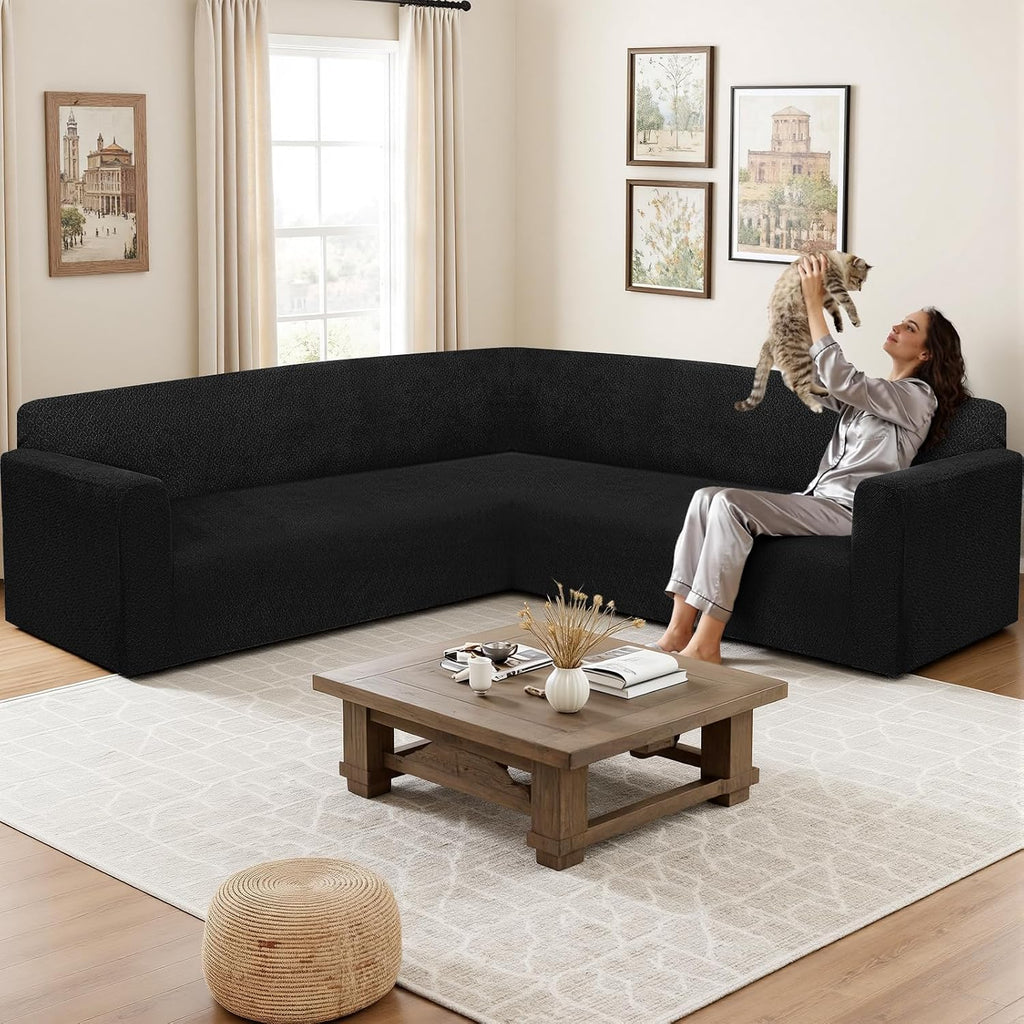 HDCAXKJ Sectional Couch Cover L Shape Stretch Sofa Covers Washable Jacquard Corner Couch Slipcover Non Slip Sectional Slip Cover U Shaped Furniture Protector for Pets Dogs (Black, Large)