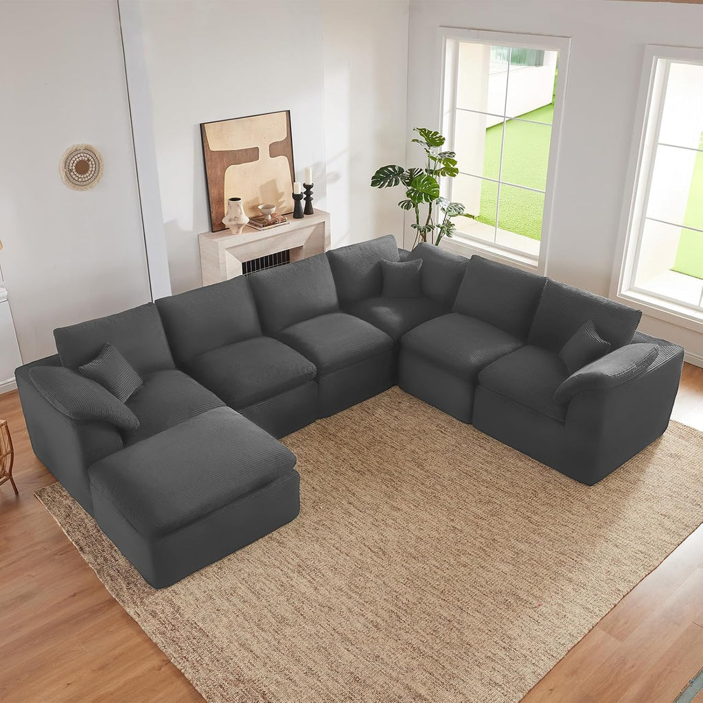 143' Cloud Sectional Couch, Boneless couches for Living Room, 7 Seater Large Modular Sectional Sofa with Deep Seat, Comfy Soft Cushions, No Assembly, Gray