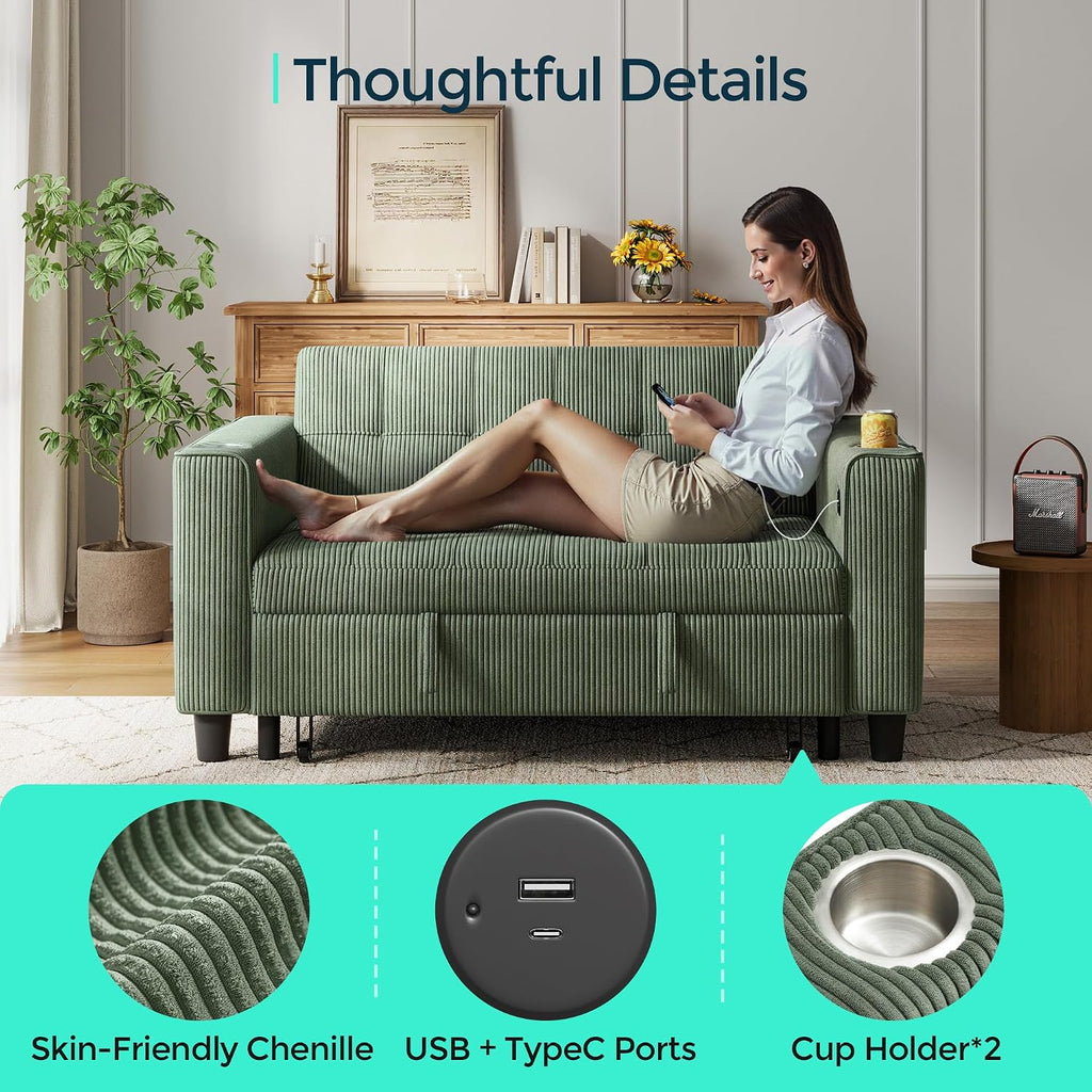 LINSY 54' Pull Out Couch with Charging Station - Sleeper Sofa Bed with Cup Holder, Small 3 in 1 Convertible Loveseat Sleeper Couch for Apartment, Dorm Room, Bedroom and Small Space, Olive Green