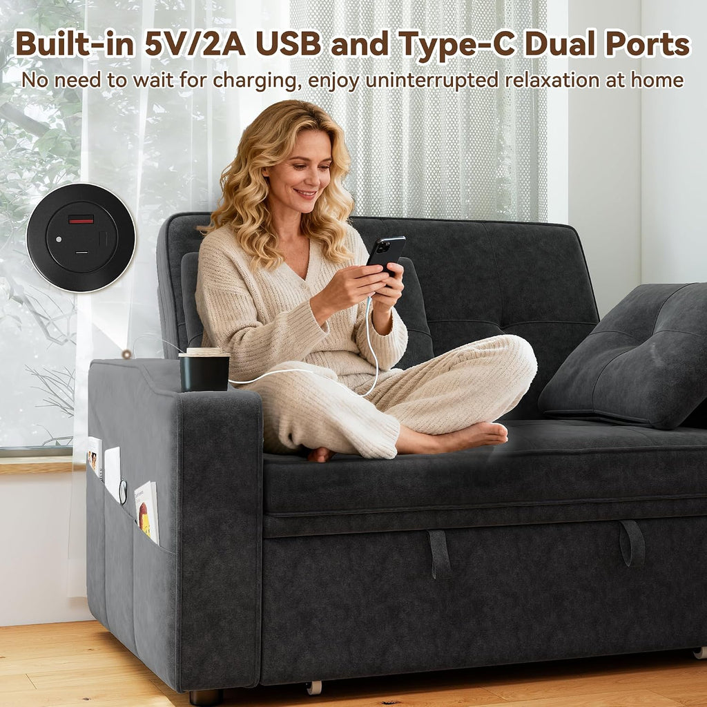 Real Relax Sleeper Sofa Bed, 3-in-1 Loveseat Sofa with USB Charging Ports, Convertible Pull Out Couch with 5 Level Adjustable Backrest, Cup Holders for Living Room, Office, Chenille, Dark Gray