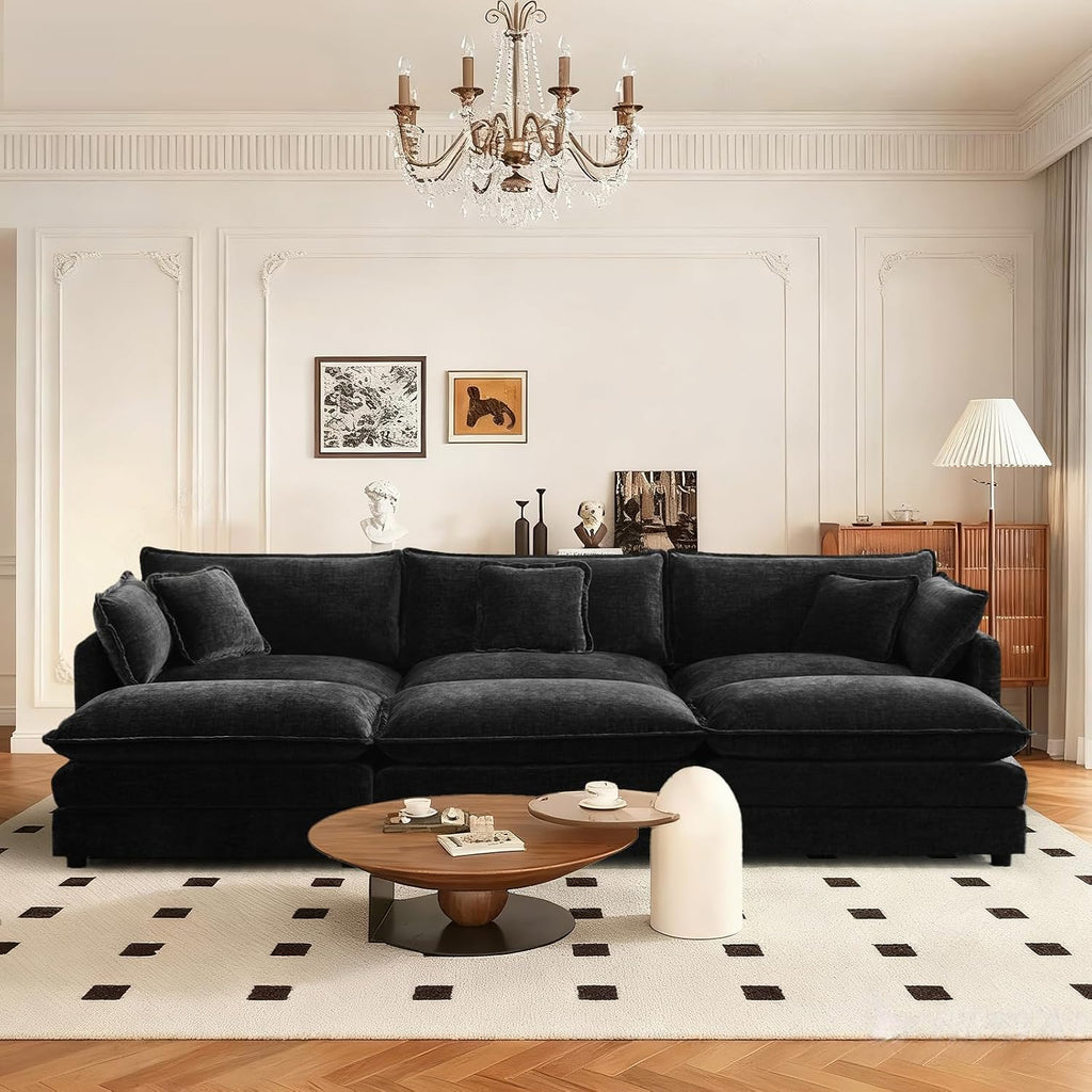 SoarFlash Chenille Sectional Sofa, Comfy Modular Coush Sofa with Ottoman, Modern 3 Seat Recliner Deep Seat Sofa Set for Living Room,Black