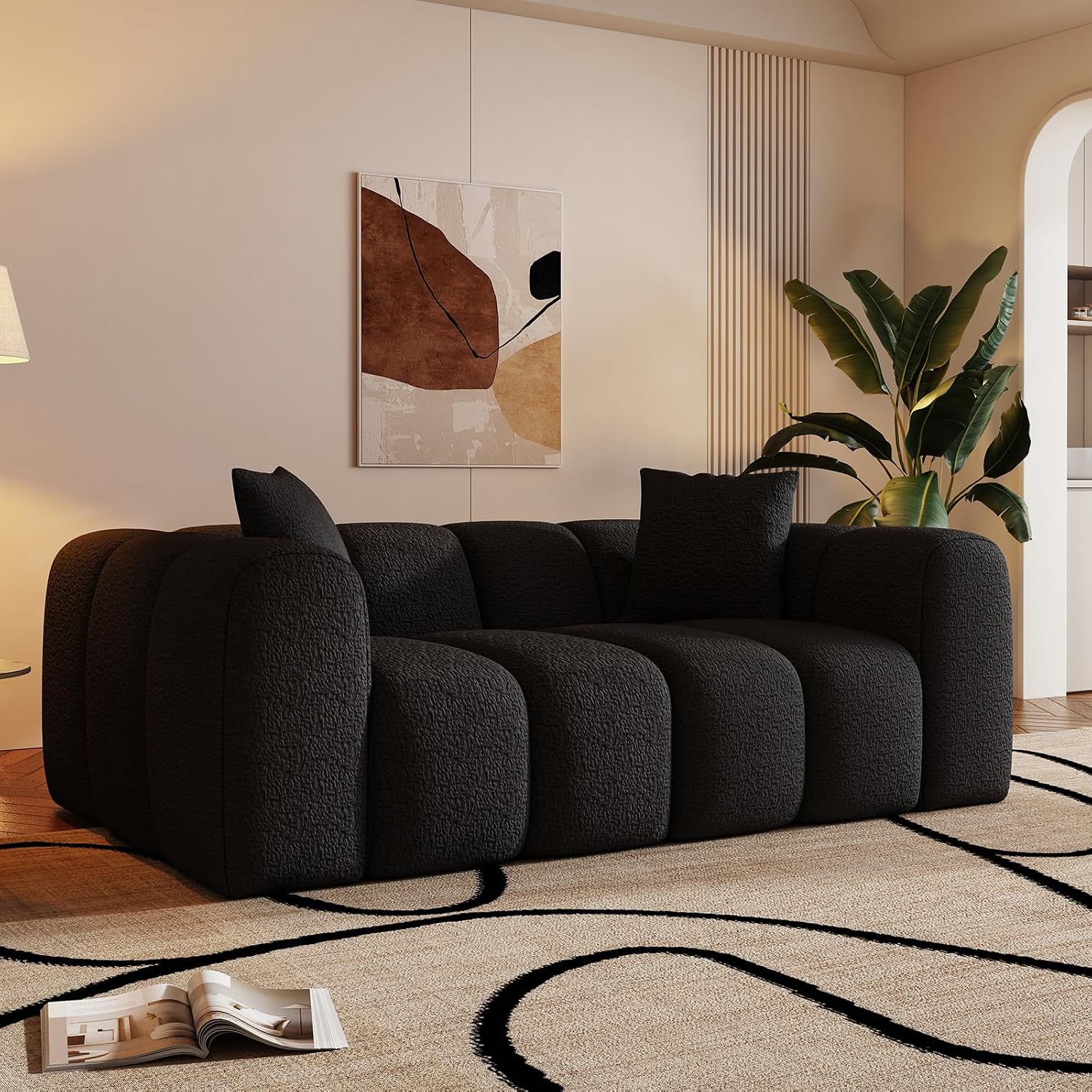 WHGBJA 70' Modern Chenille Fabric Sofa Couch – One-Piece Memory Foam 3-Seater Sofa with Rounded Arms, Soft & Cozy Upholstery for Living Room (Black)