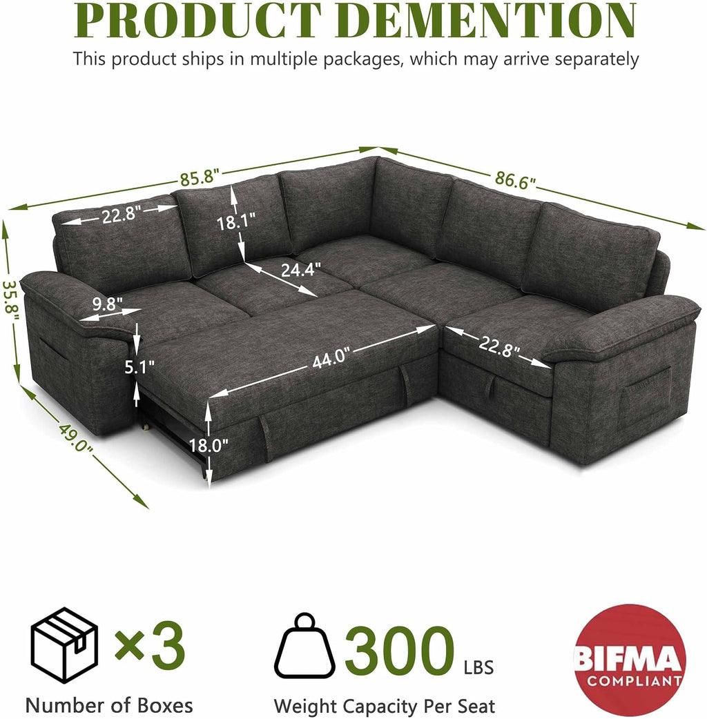 85 Inch Modular Sectional Sofa with Pull Out Bed,L Shaped 5 Seat Sectional Sleeper Sofa with Storage,Sectional Couches for Living Room,Cloud Modular Couch,Removable Sofa Cover, Dark Grey