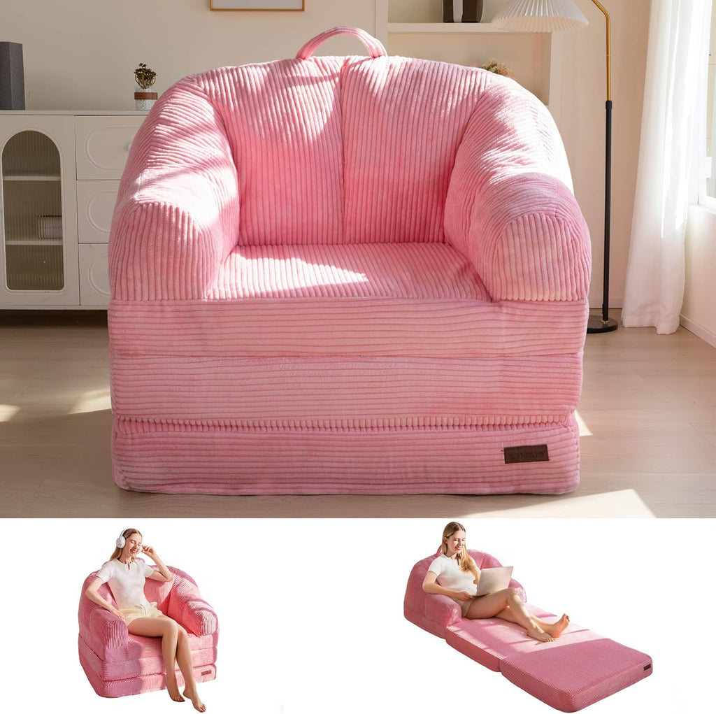 MAXYOYO Folding Sofa Bed with Backrest, Boneless Fold Out Couch Bed with Handle, 2 in 1 Convertible Bean Bag Chair to Floor Sofa Lounger, Comfy Folding Couch for Bedroom & Living Room, Pink