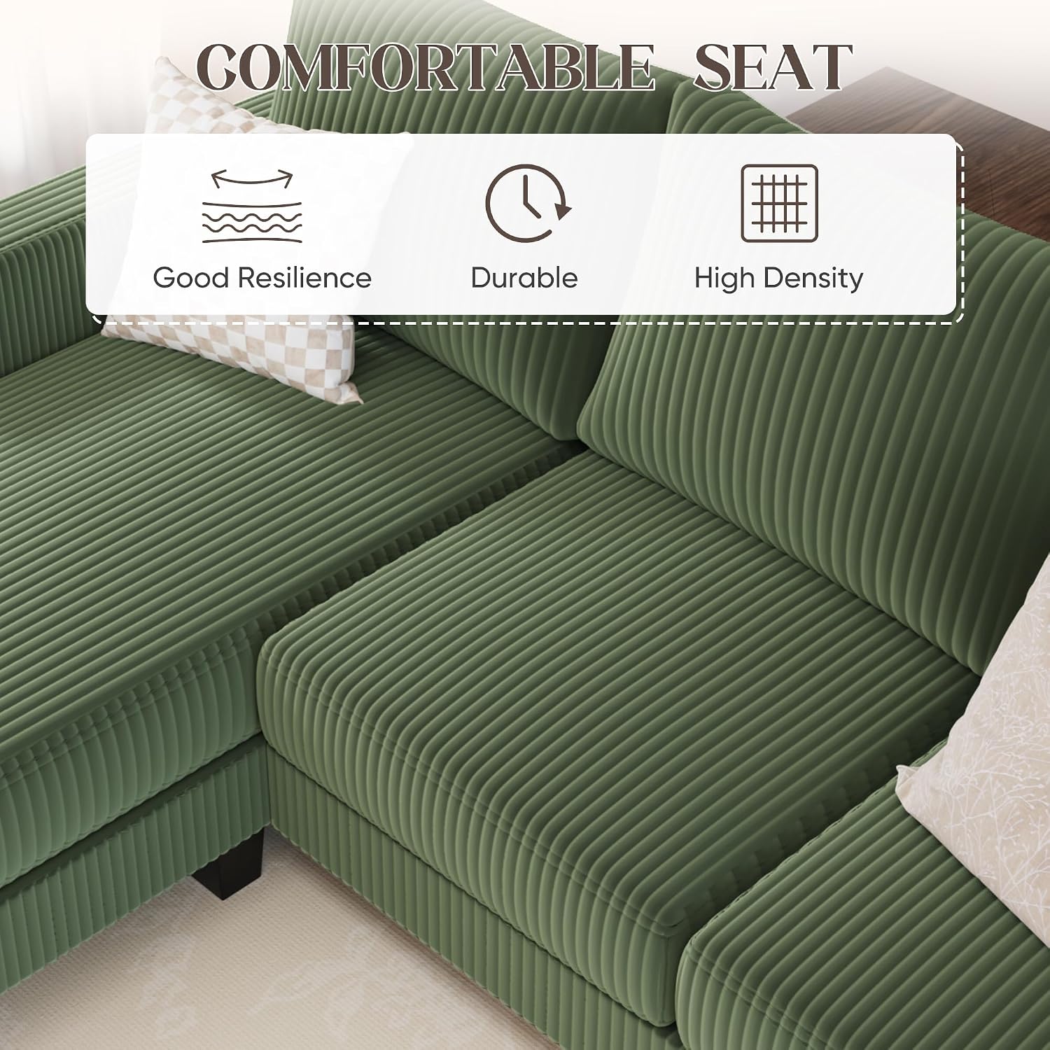 YESHOMY Convertible Sectional Couch, Couches with Mobile Ottoman, Small Sofa L-Shaped 3 Seater with Corduroy Fabric for Living Room, Apartment and Office, 70', Olive Green