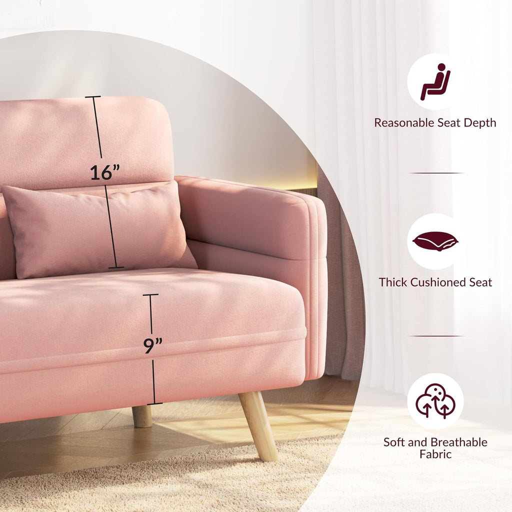 Yaheetech 46' Small Modern Fabric Sofa Loveseat Mid Century 2 Seater Sofa Couch with Lumbar Pillows, Solid Wood Legs for Living Room, Small Space, Dorm, Office, Bedroom, Pink