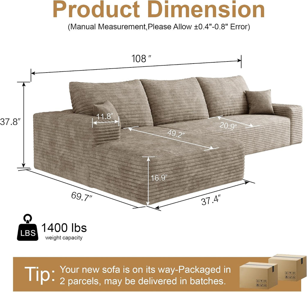 AUGOP 108' Sectional Couches for Living Room Modern Modular Sofa with L-Shape Couchs Upholstered Boneless Couch Deep Seat Sectional Couch with Chaise (Camel, Left Facing Chaise+2Seaters)