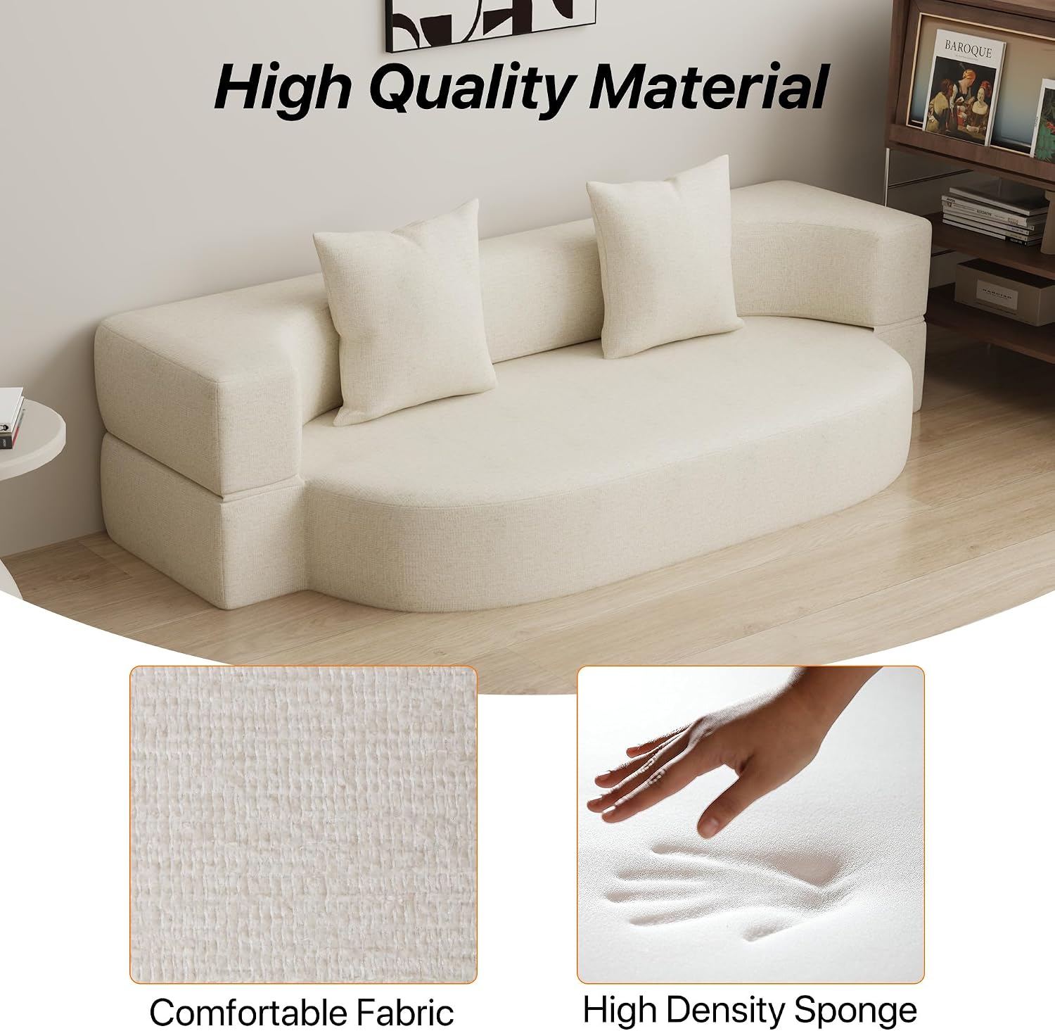 HENGJIANYI Folding Sofa Bed, Convertible Futon Sleeper Bed, 2-in-1 Foldable Floor Mattress, Breathable High-Density Foam Lazy Couch, Twin Size Comfy Lounge Chair with 2 Pillows, Beige