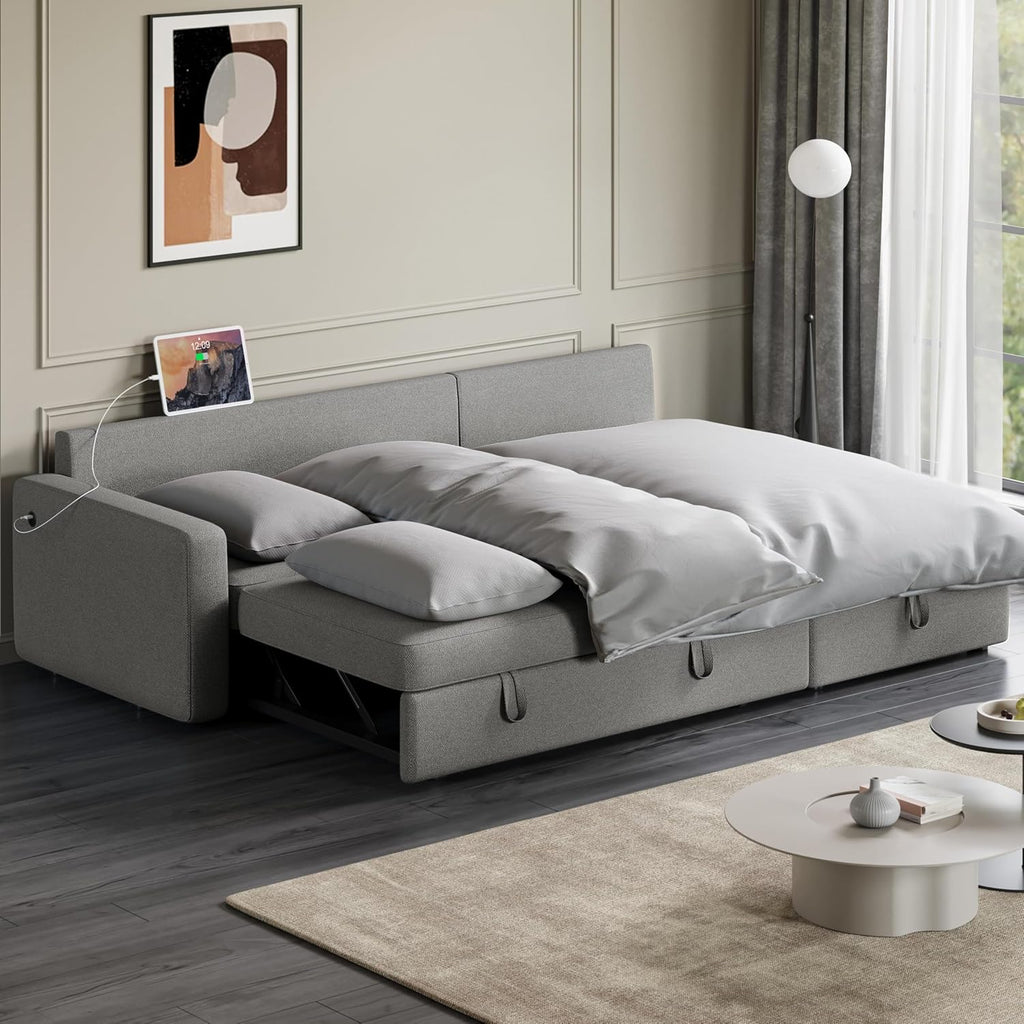 Yaheetech Sectional Sofa L-Shaped Sofa Couch Bed w/Chaise & USB, Reversible Couch Sleeper w/Pull Out Bed & Storage Space Living Room Light Gray
