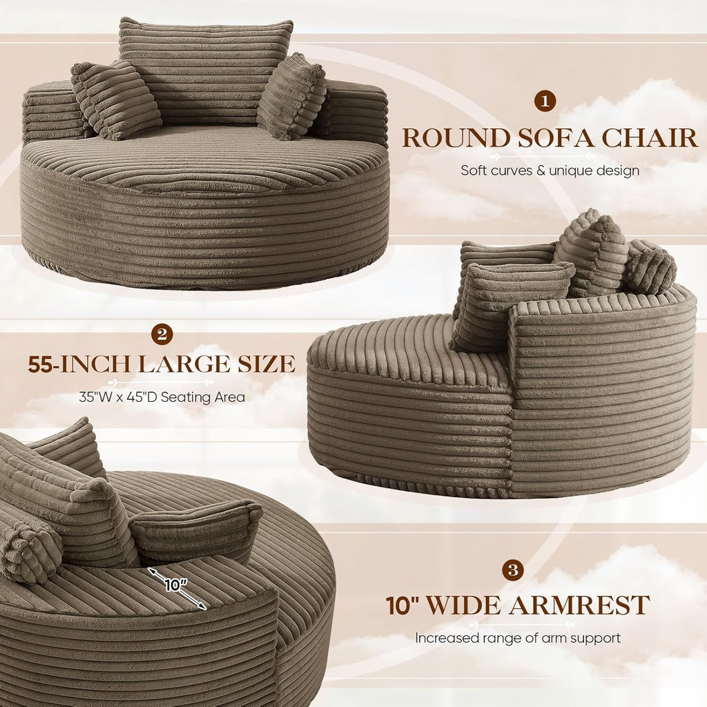 Oversized Round Chaise Longue Chair Indoor, Modern 55-inch Upholstered Corduroy Deep Seat Circle Single Cloud Lounge Floor Sofa Chair for Living Room, Bedroom Apartment, Brown