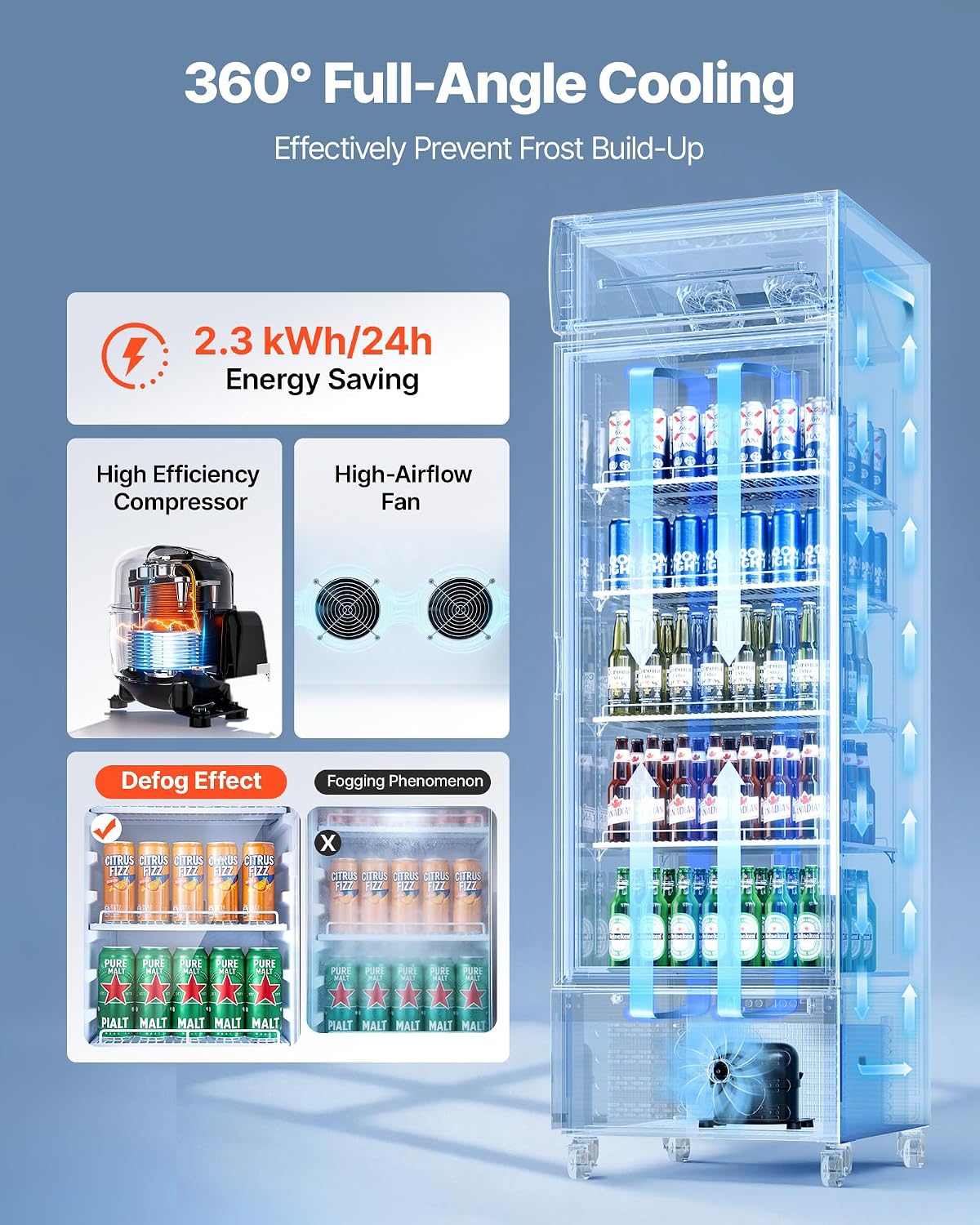 VEVOR Commercial Merchandiser Refrigerator, 15.9 Cu.Ft / 450 L Glass Door Display Refrigerator, Upright Beverage Cooler with Customizable Lightbox, 4 Adjustable Shelves & Soft LED Light for Home Shops