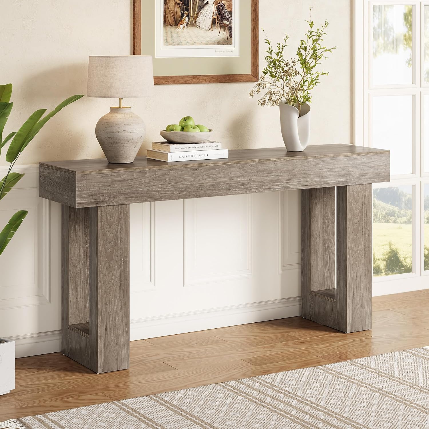 LITTLE TREE 63-Inch Long Console Tables for Entryway, Large Sofa Table Behind Couch, Grey Wooden Entry Foyer Hallway Table, Industrial Console Sofa Tables for Living Room