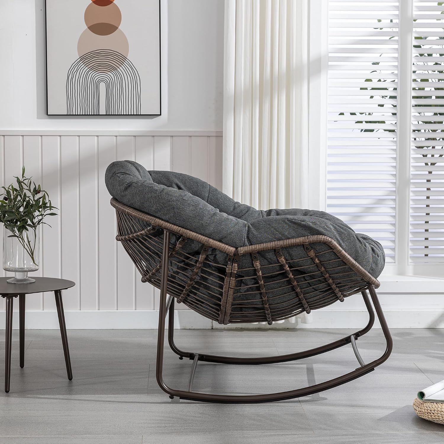 Patio Chairs Set of 2, Oversized Wicker Egg Rocking Chair,Indoor & Outdoor Upholstered Papasan Chairs, Modern Lounge Chair for Balcony,Living Room Patio, Front Porch, Garden