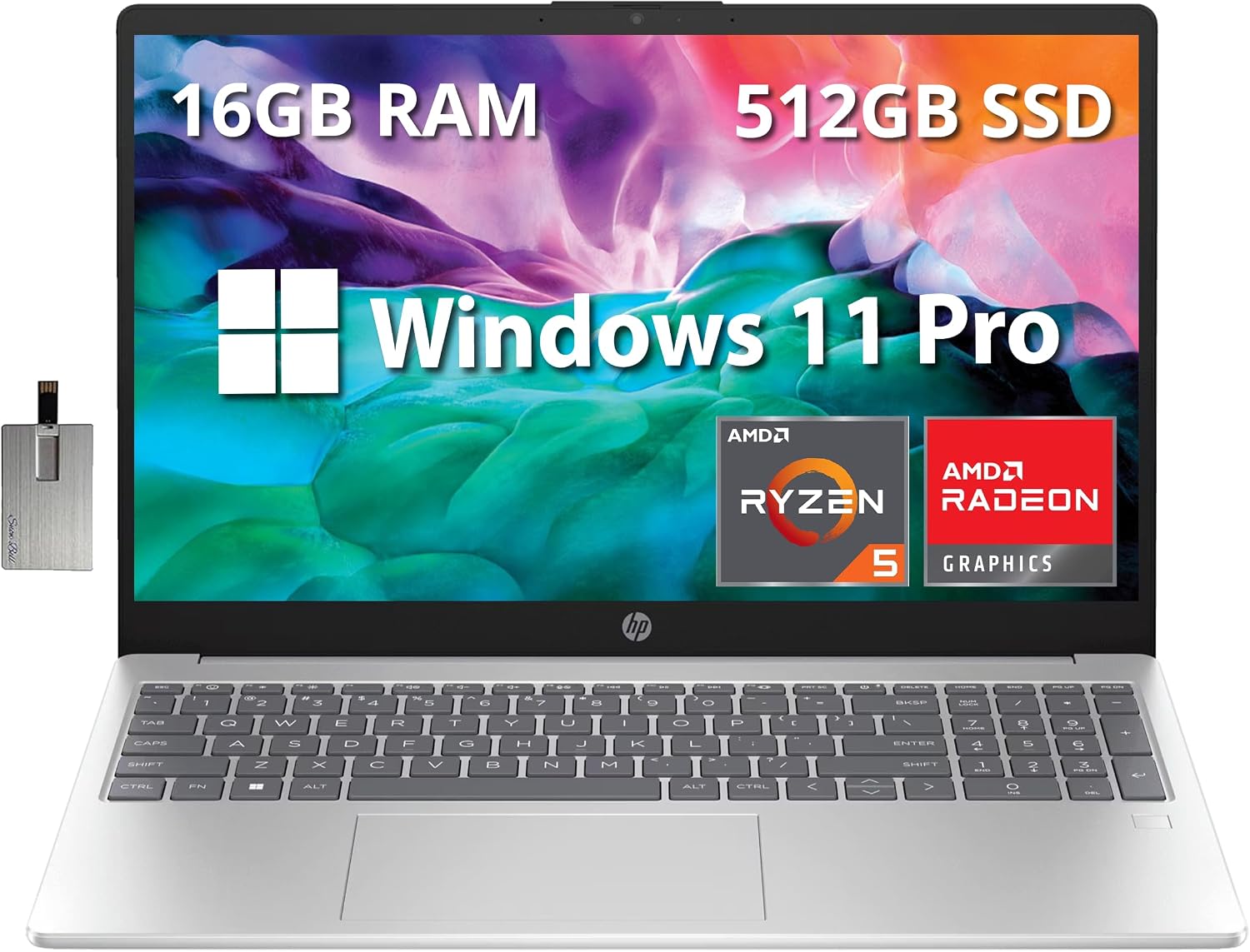 HP 15.6' FHD Business Laptop, AMD Ryzen 5 7520U Processor, 16GB RAM, 512GB PCIe SSD, AMD Radeon Graphics, Bluetooth, HD Webcam, Wi-Fi, Windows 11 Pro, Silver, 32GB Hotface USB Card