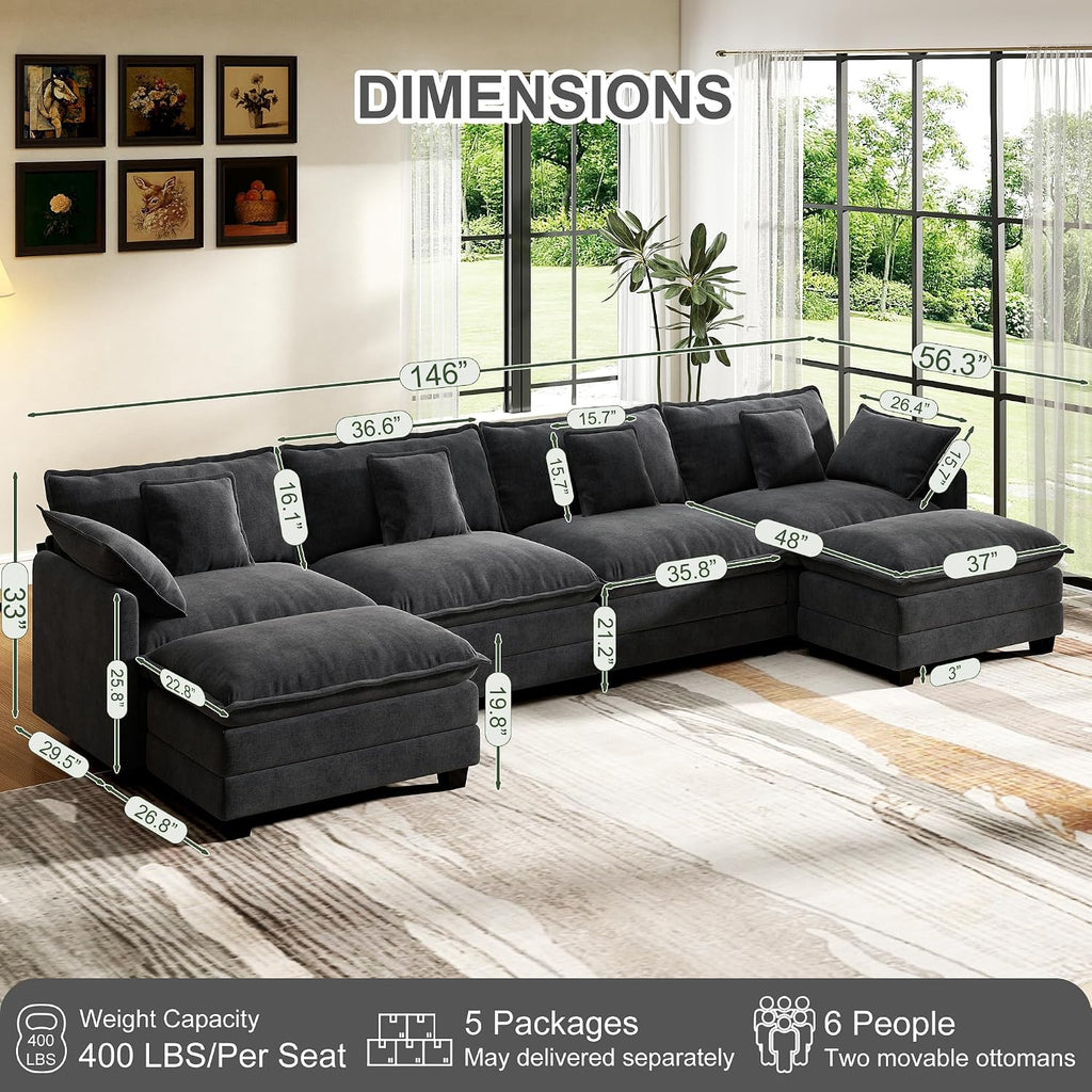 146' Cloud Couch Sectional, U Shaped Modular Sectional Sofa, 4-Seat Deep Seat Couch with 6 Removable Washable Pillows and 2 Ottoman for Living Room, Bedroom, Apartment, Black