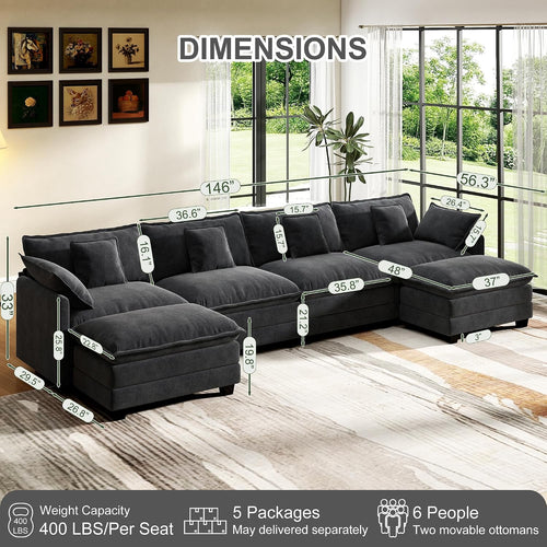 146' Cloud Couch Sectional, U Shaped Modular Sectional Sofa, 4-Seat Deep Seat Couch with 6 Removable Washable Pillows and 2 Ottoman for Living Room, Bedroom, Apartment, Black
