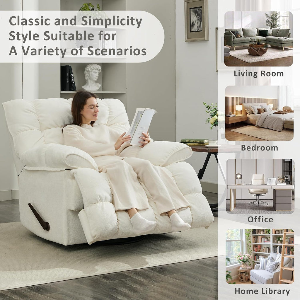 Oversized Recliner Chair, Overstuffed Swivel Rocker with Extra Wide Seat & Breathable Fabric for Living Room (Manual, White)