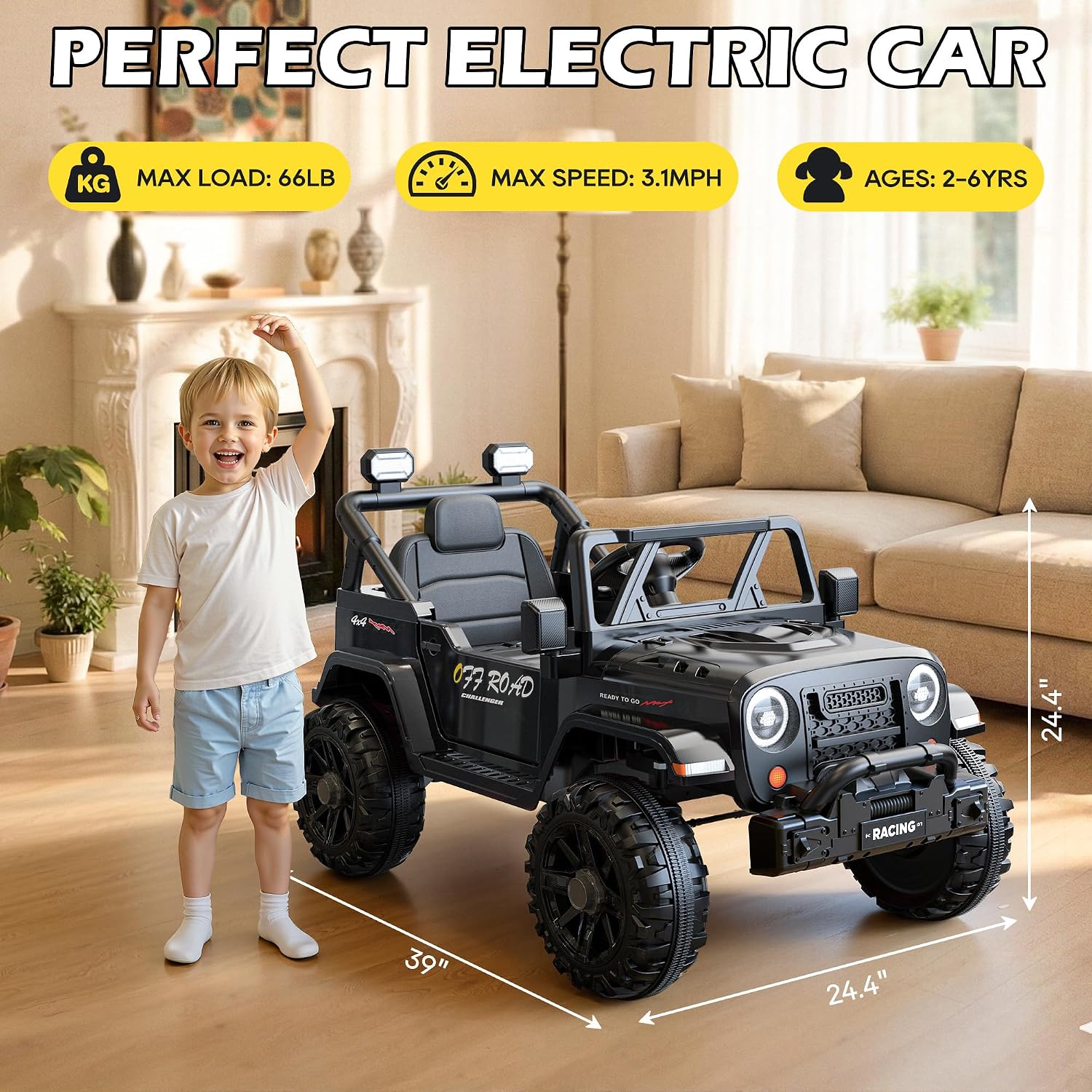 ARBELI 12V Ride On Truck Car with Remote Control, Kids Electric Vehicles with Bluetooth Music, Horn, 3 Speeds, 4 LED Lights, Soft Start, Ride on Toys for Toddler Boys & Girls (Black)