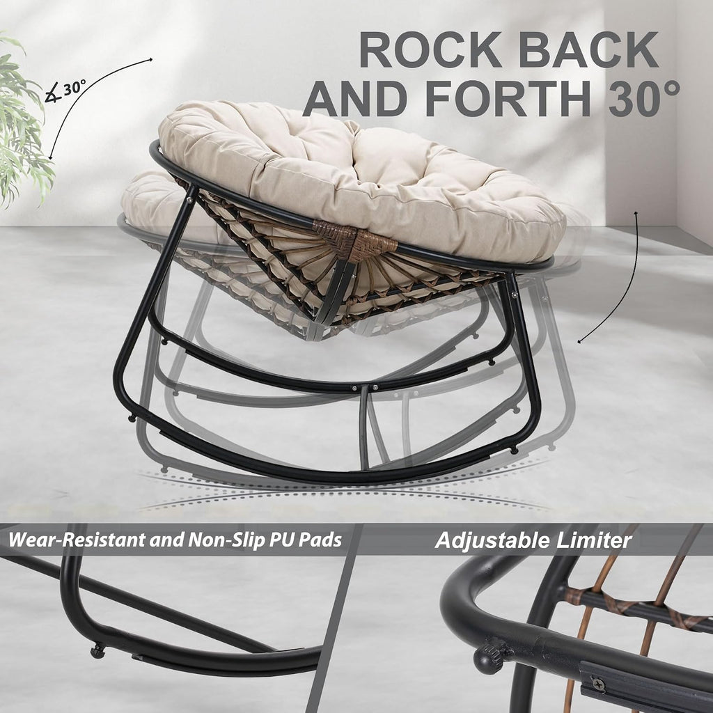 Outdoor Rocking Chair, Indoor & Outdoor Comfy Oversized Papasan Chair with Padded Cushion, Oversized Metal Frame Egg Chair for Living Room, Patio, Front Porch, Backyard