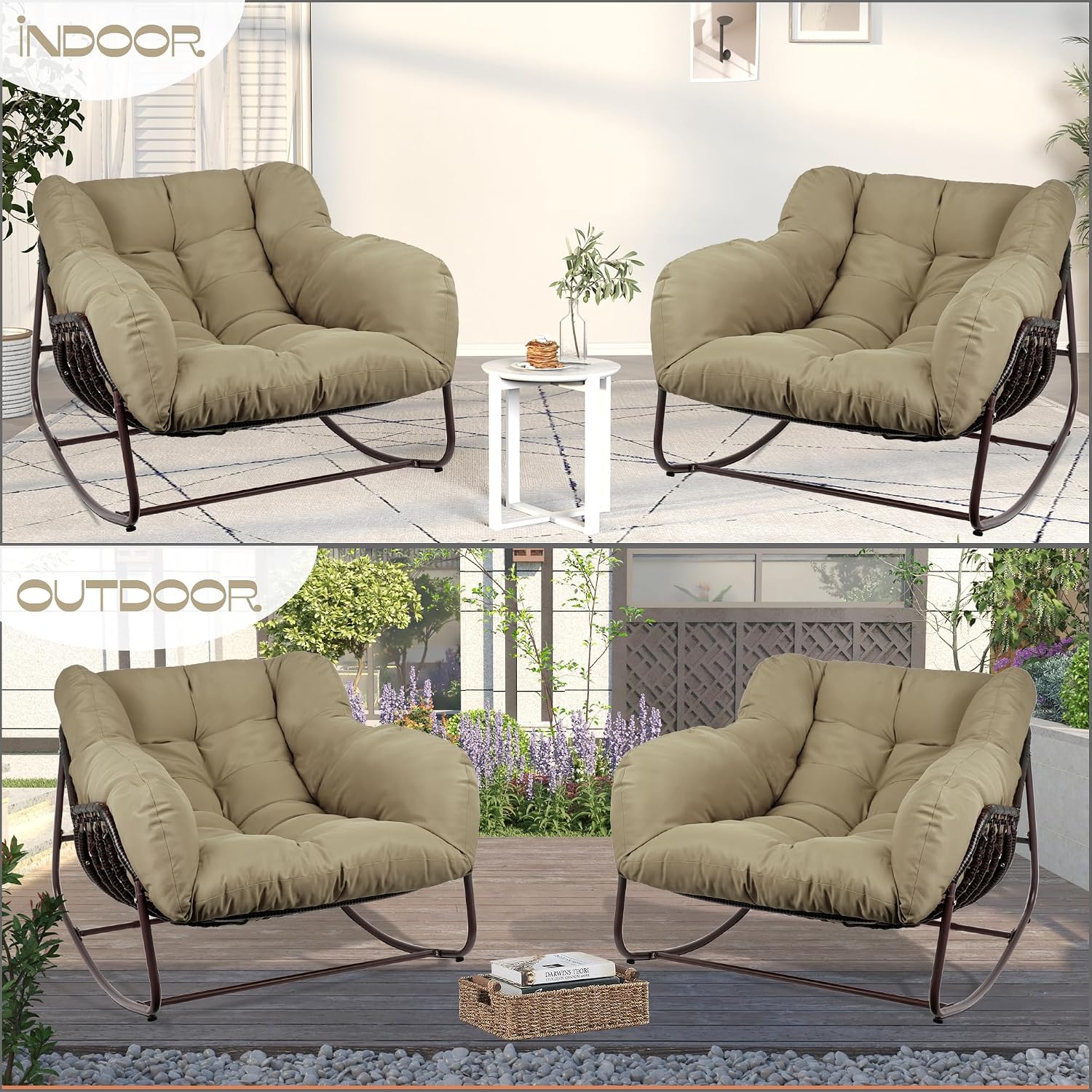 Papasan Rocking Chair Indoor & Outdoor, Oversized Patio Rocking Chairs with Padded Cushion& Pillow-Comfortable Rocker Egg Chair for Front Porch, Garden, Patio, Backyard,Brown,2PC