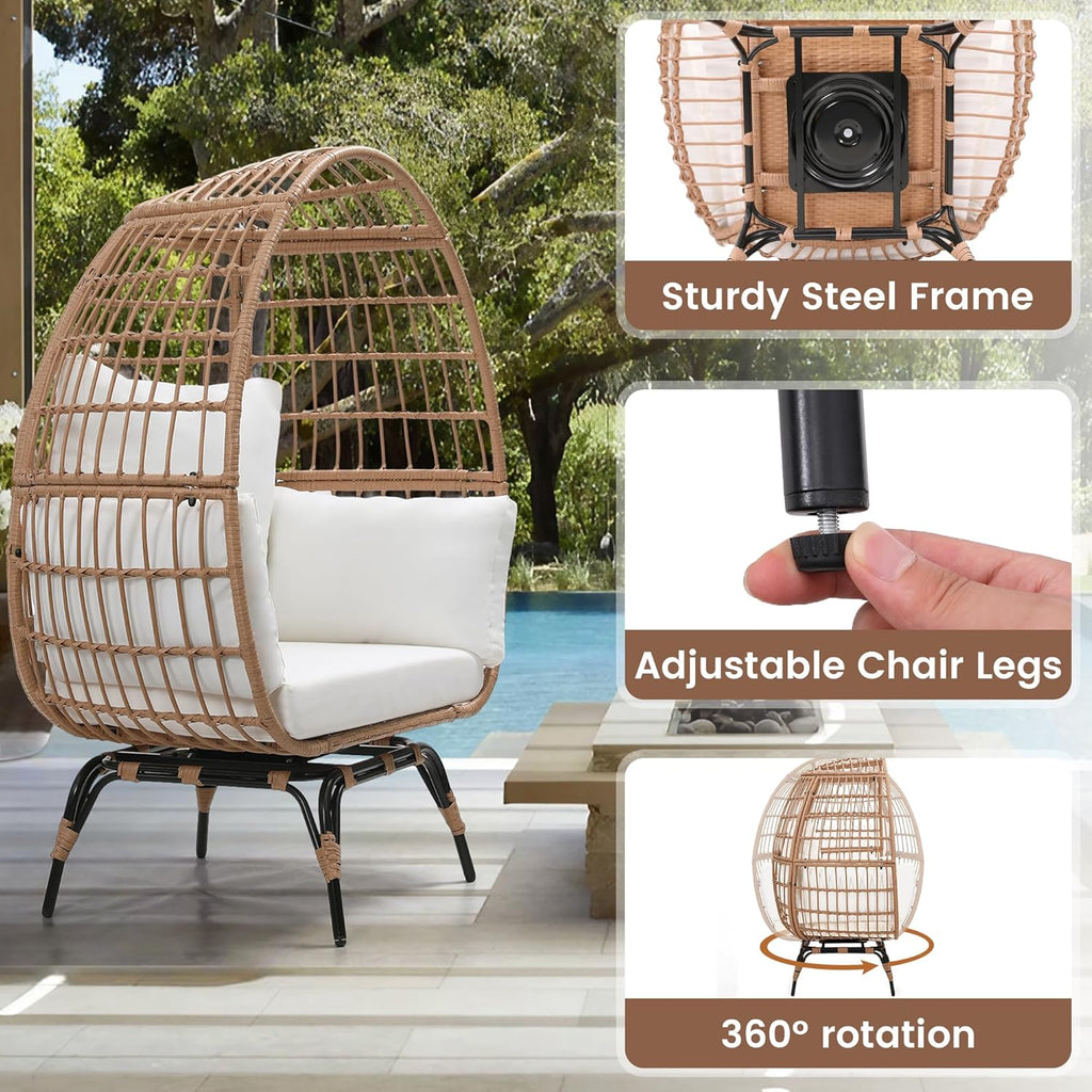 Murago Oversized 360° Swivel Rattan Egg Chair for Adult, Indoor Outdoor Patio Large Wicker Egg Chair with Overstuffed Cushions, 440lb Weight Capacity, Natural Rattan with Beige Cushion
