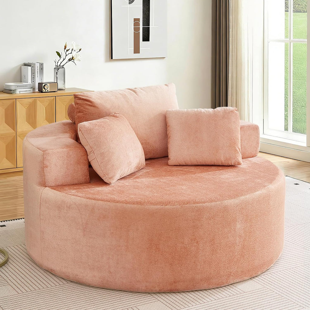 Antetek Oversized Round Chaise Longue Chair Indoor, Modern 55-inch Upholstered Terry Fabric Deep Seat Circle Single Cloud Lounge Floor Accent Chair for Living Room, Bedroom Apartment, Pink