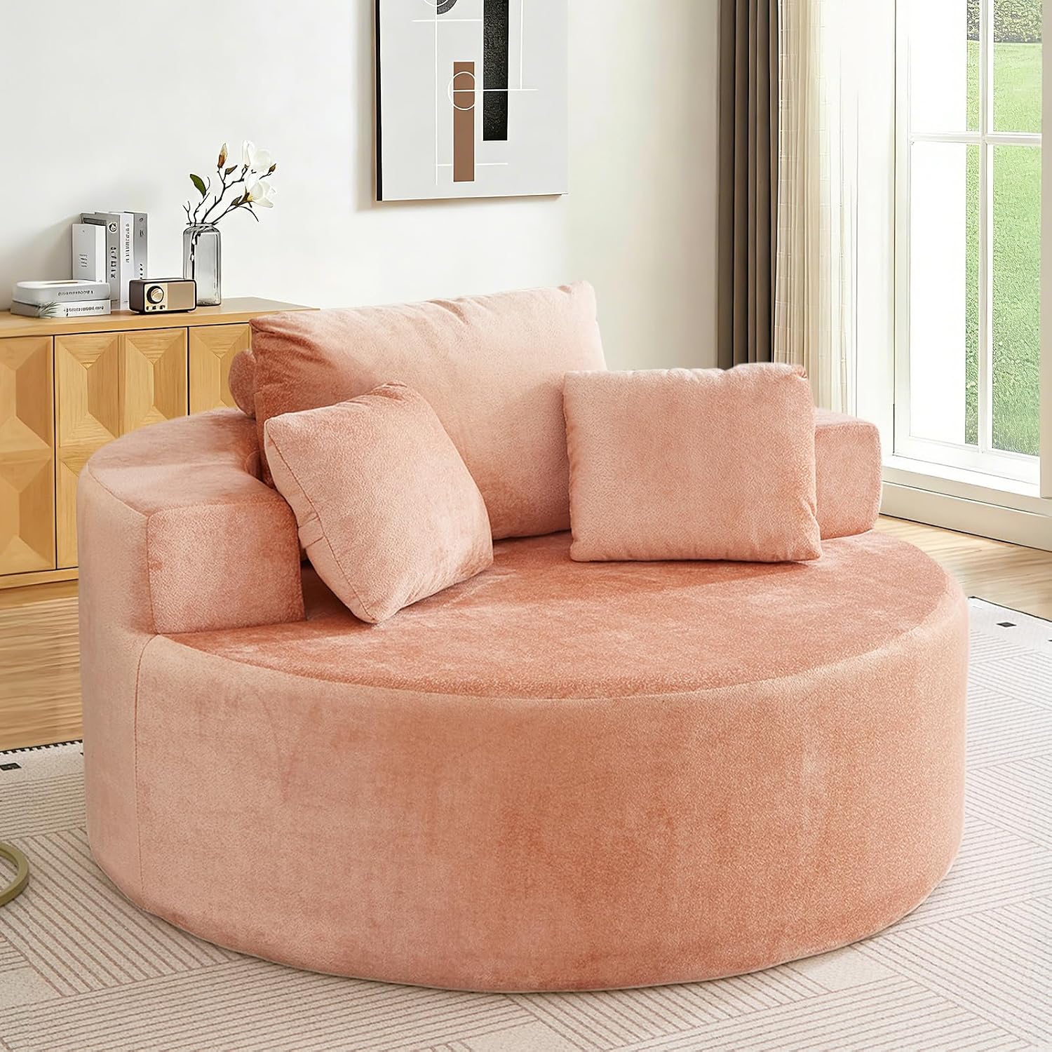 Antetek Oversized Round Chaise Longue Chair Indoor, Modern 55-inch Upholstered Terry Fabric Deep Seat Circle Single Cloud Lounge Floor Accent Chair for Living Room, Bedroom Apartment, Pink