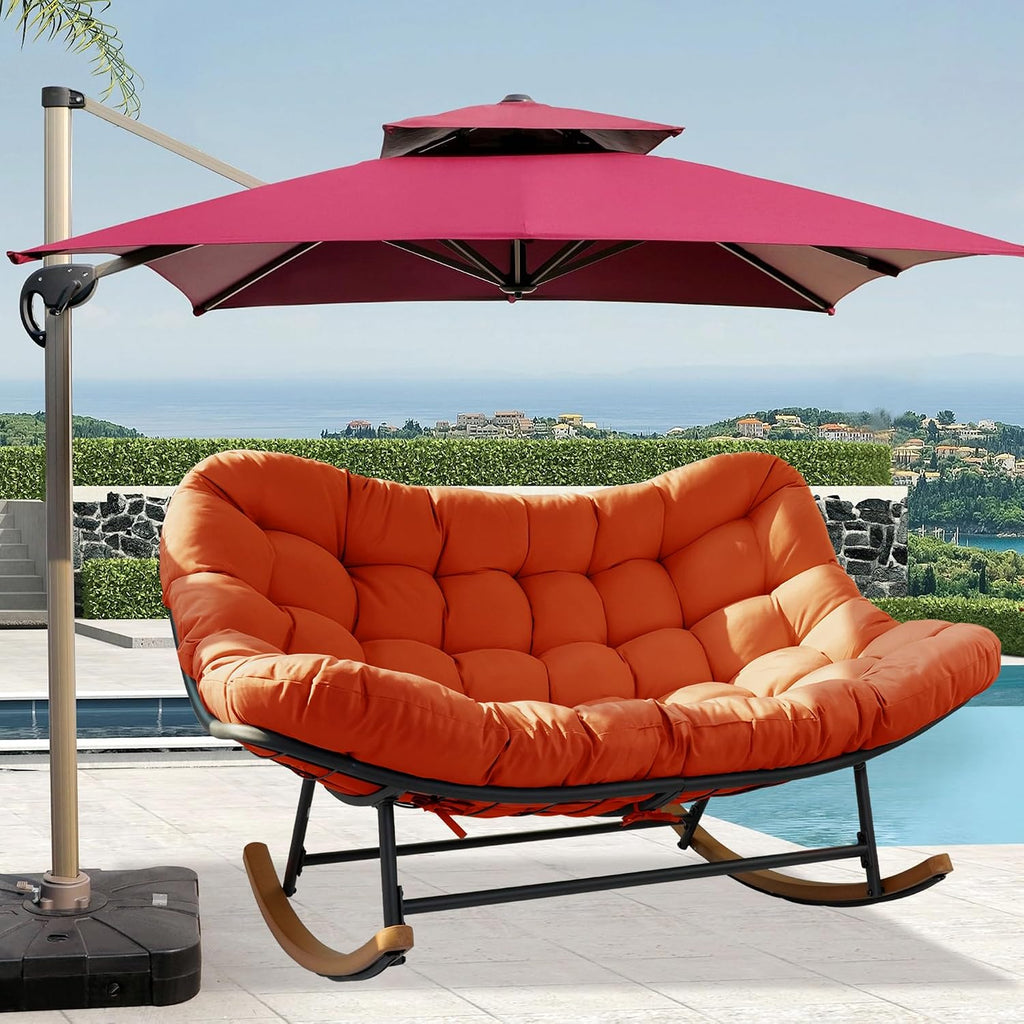 Double Outdoor Papasan Rocking Chair, Oversized Papasan Loveseat with 6' Weatherproof Cushion & PE Rattan Frame, All-Weather Patio Furniture for 2 Adults,Red