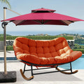Double Outdoor Papasan Rocking Chair, Oversized Papasan Loveseat with 6' Weatherproof Cushion & PE Rattan Frame, All-Weather Patio Furniture for 2 Adults,Red