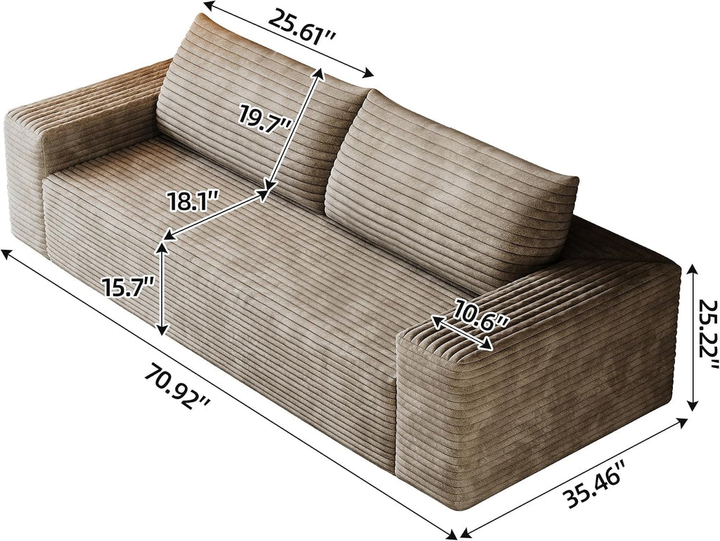 3 Seater Couch for Living Room, 71.3 INCH Fluffy Corduroy Boneless Couch Cloud Loveseat with Wide Armrest, Upholstered Floor Sofa in A Box, No Assembly Required