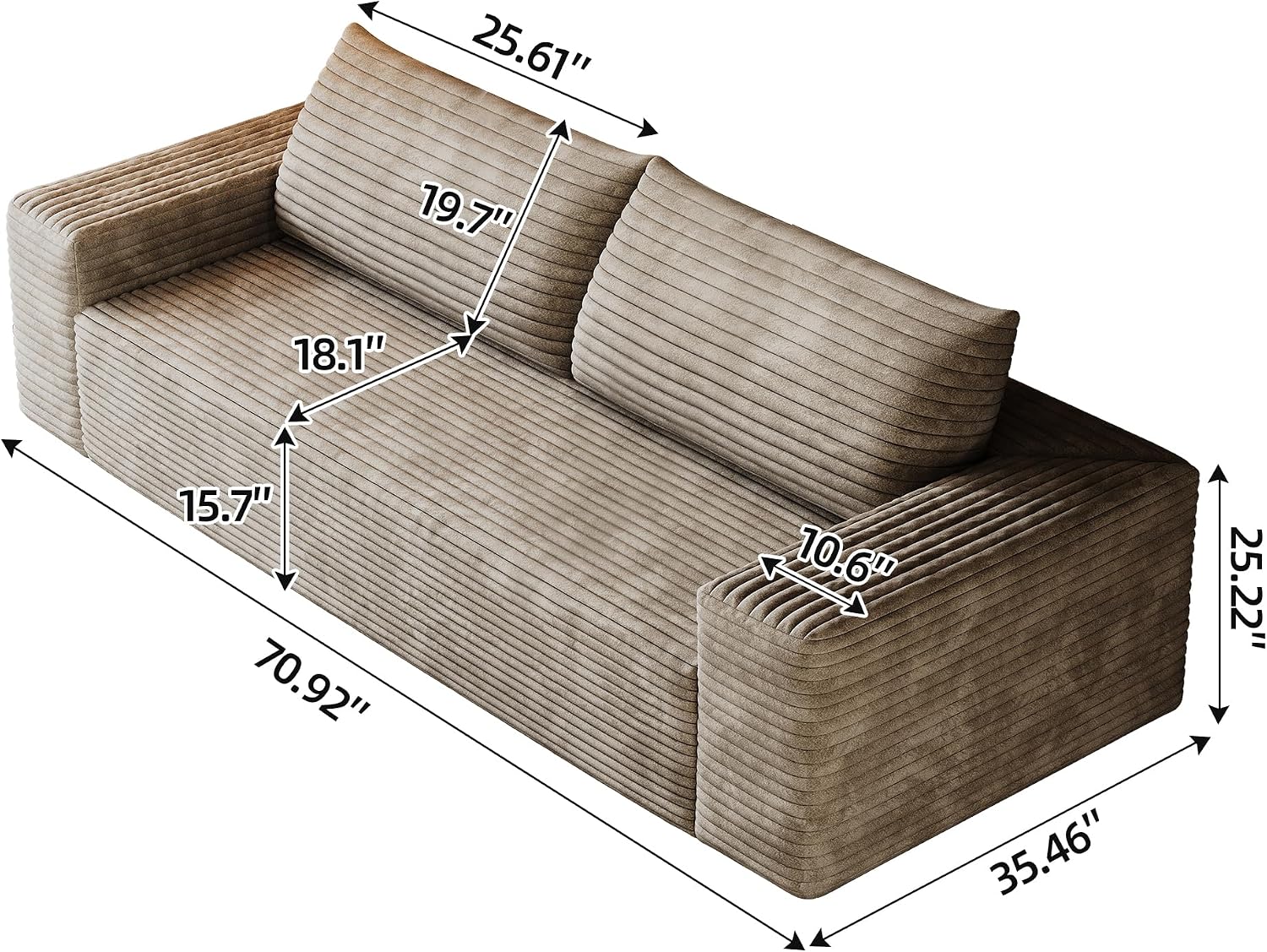 3 Seater Couch for Living Room, 71.3 INCH Fluffy Corduroy Boneless Couch Cloud Loveseat with Wide Armrest, Upholstered Floor Sofa in A Box, No Assembly Required