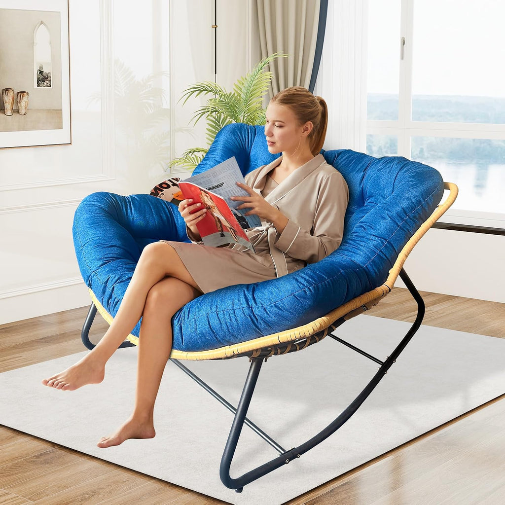 Patio Rocking Egg Chair - Outdoor Rocking Chair with Thick Cushion, Modern Indoor Outdoor Papasan Rocking Chair, Lounge Rocker for Balcony, Living Room, Bedroom, Porch, Patio, Lawn, Garden (Blue)