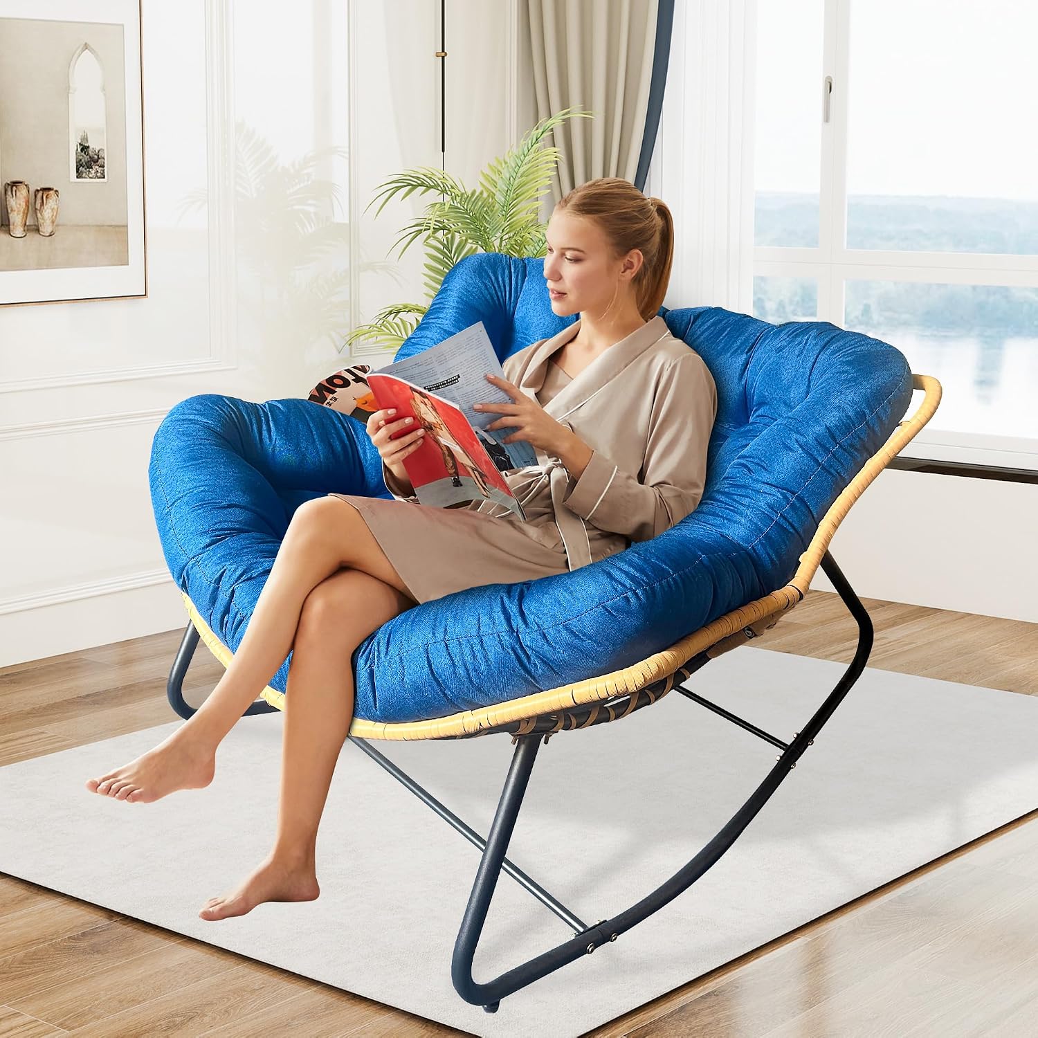 Patio Rocking Egg Chair - Outdoor Rocking Chair with Thick Cushion, Modern Indoor Outdoor Papasan Rocking Chair, Lounge Rocker for Balcony, Living Room, Bedroom, Porch, Patio, Lawn, Garden (Blue)