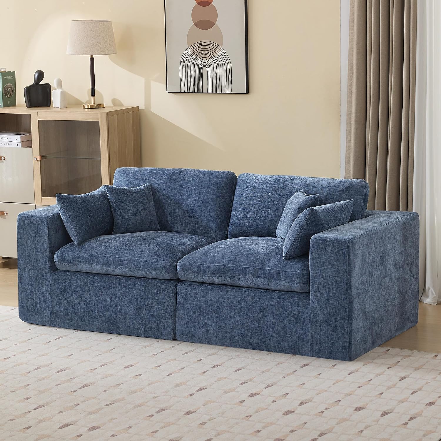 83''Cloud Boneless Sectional Couch, Modular Sectional Sofa Deep Seat, Upholstered Convertible Comfy Loveseat Chenille Memory Foam Sofa Couches for Living Room, Blue