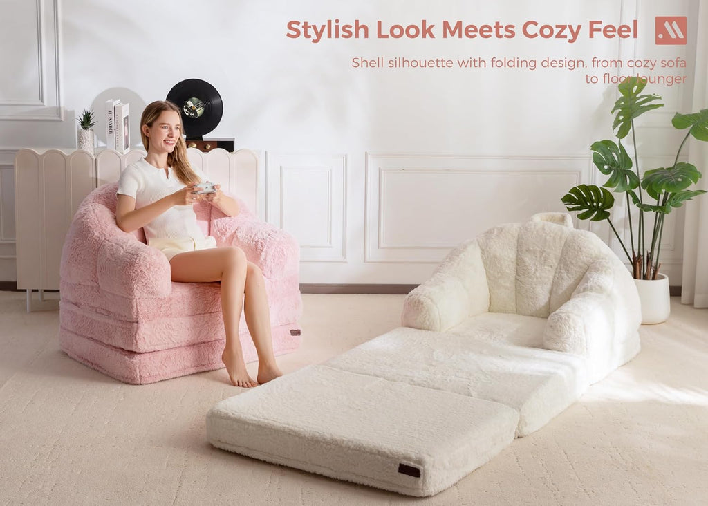 MAXYOYO Folding Sofa Bed, 2 in 1 Convertible Sofa to Lounger Comfy Single Bean Bag Chair for Adults, Floor Sleeper Couch with Handle, Faux Fur Couch Bed for Living Room Bedroom, Beige