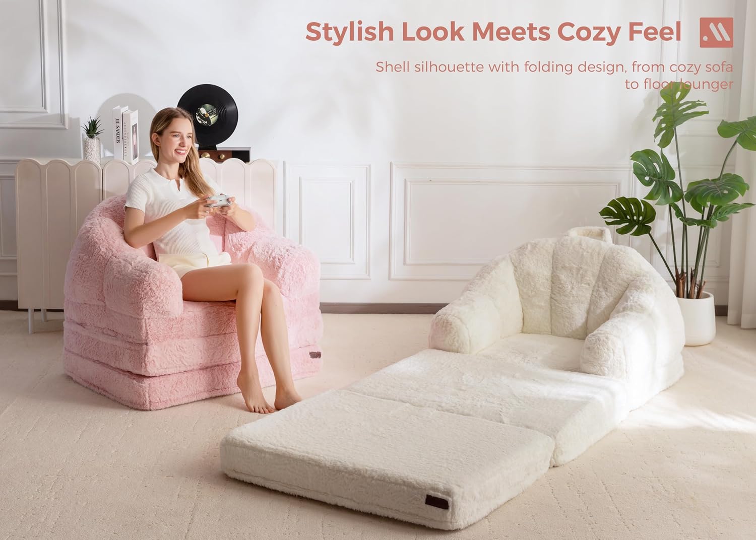 MAXYOYO Folding Sofa Bed, 2 in 1 Convertible Sofa to Lounger Comfy Single Bean Bag Chair for Adults, Floor Sleeper Couch with Handle, Faux Fur Couch Bed for Living Room Bedroom, Beige