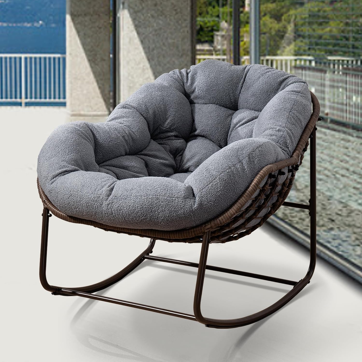 Oversized Papasan Rocking Chair - Outdoor Luxury Oversized Comfy Patio Chair Indoor Egg Royal Rattan Rocking Chair with Cushion for Front Porch Lounge Lawn Bedroom Living Room (Grey Teddy)