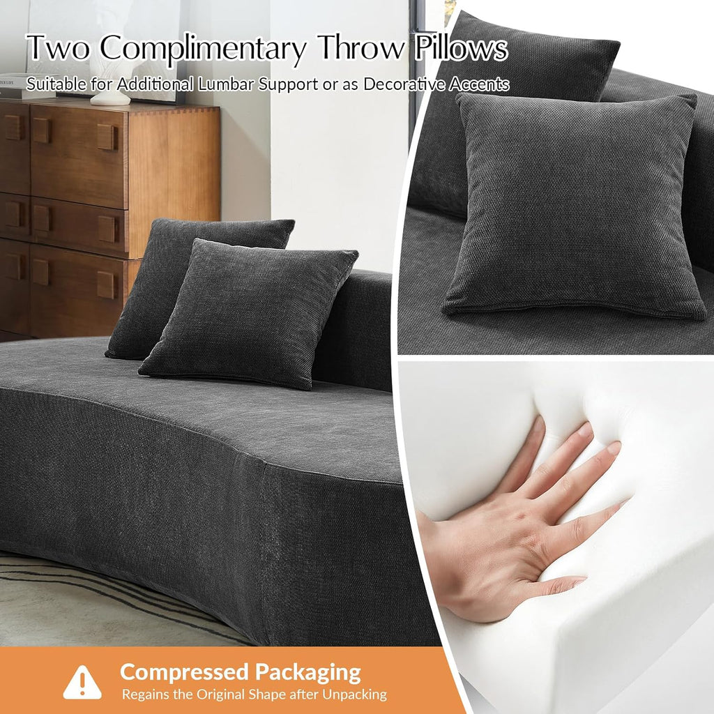 HULALA HOME 94.5' Curved Boneless Couch with Two Pillows, Oversized 3 Seater Compressed Foam Sofa with Deep Seat, Modern Cloud Couch for Living Room, No Assembly Required, Charcoal