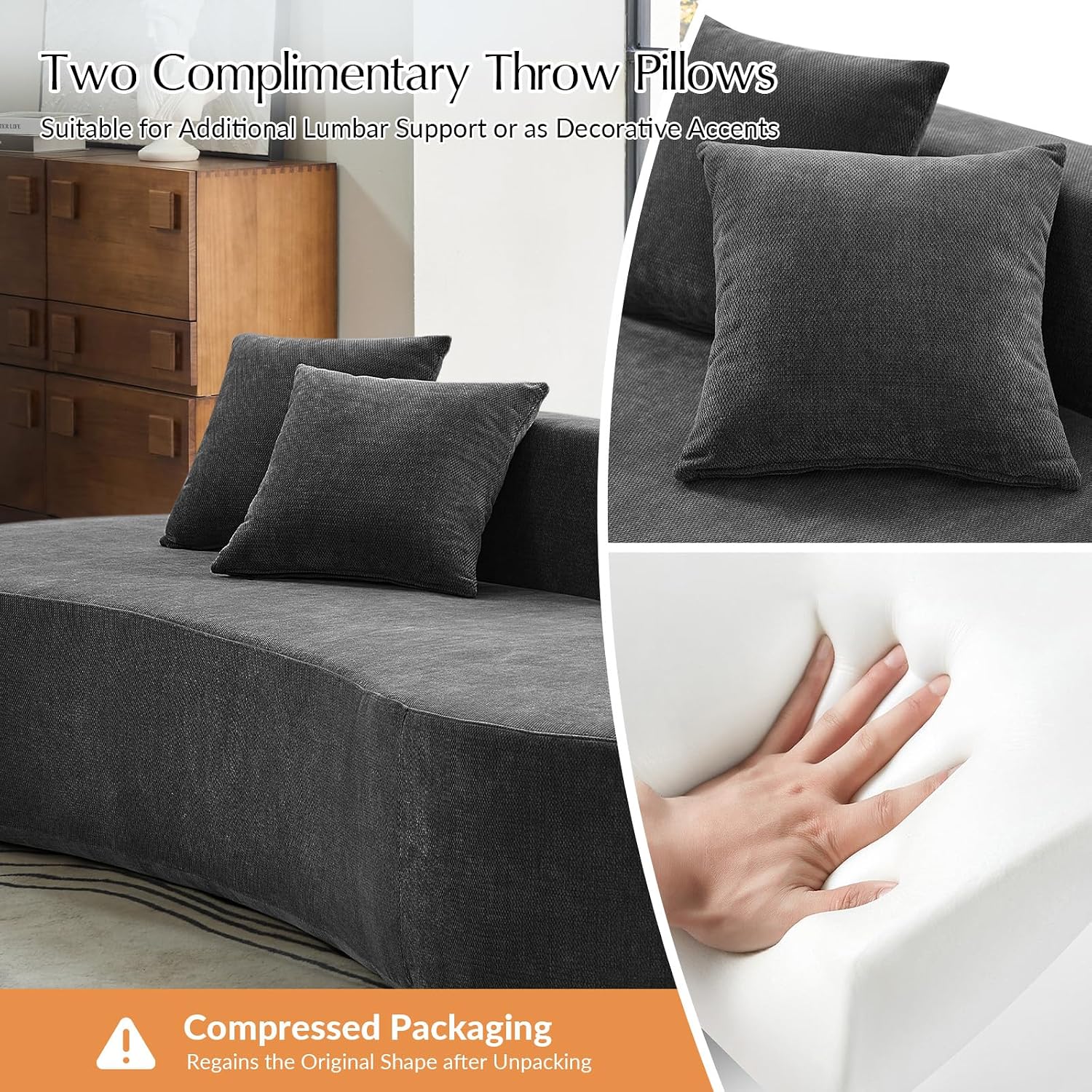 HULALA HOME 94.5' Curved Boneless Couch with Two Pillows, Oversized 3 Seater Compressed Foam Sofa with Deep Seat, Modern Cloud Couch for Living Room, No Assembly Required, Charcoal