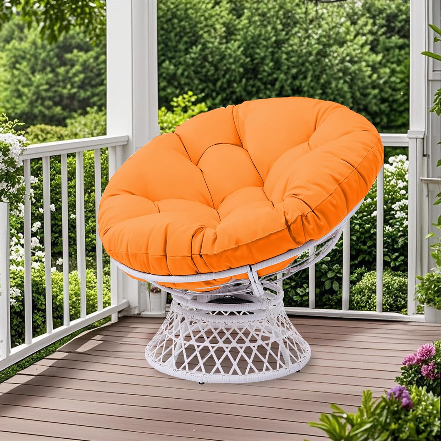 GLORY PATIO 360° Swivel Papasan Chair - 350lbs Capacity Indoor/Outdoor Wicker Lounge Chair with Thick Cushion, Modern Accent Chair for Living Room, Bedroom, Patio (White Frame & Orange Cushion)