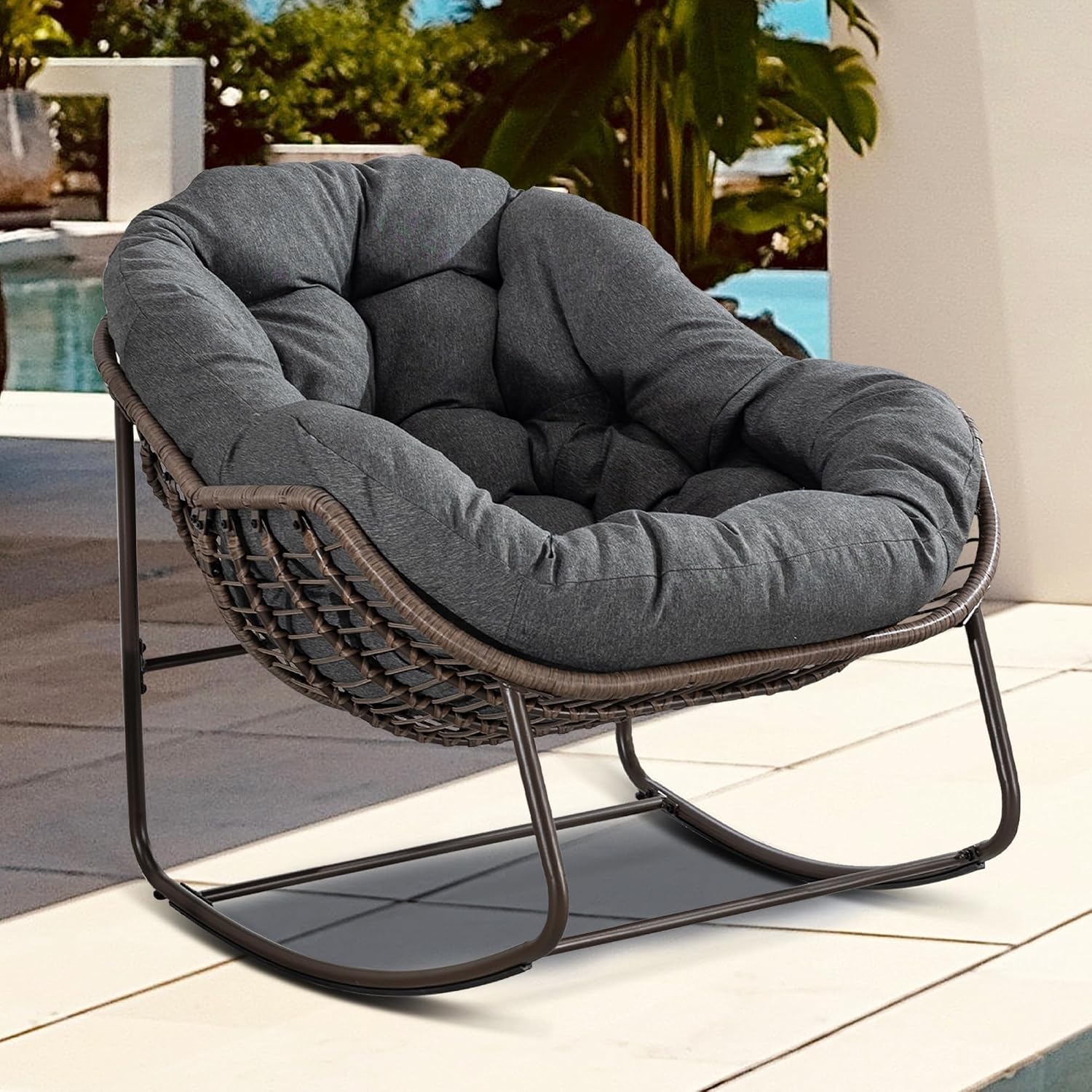 Oversized Papasan Rocking Chair - Outdoor Luxury Comfy Patio Chair Indoor Egg Royal Rattan Rocking Chair with Cushion for Front Porch Lounge Lawn Bedroom Living Room (Grey)